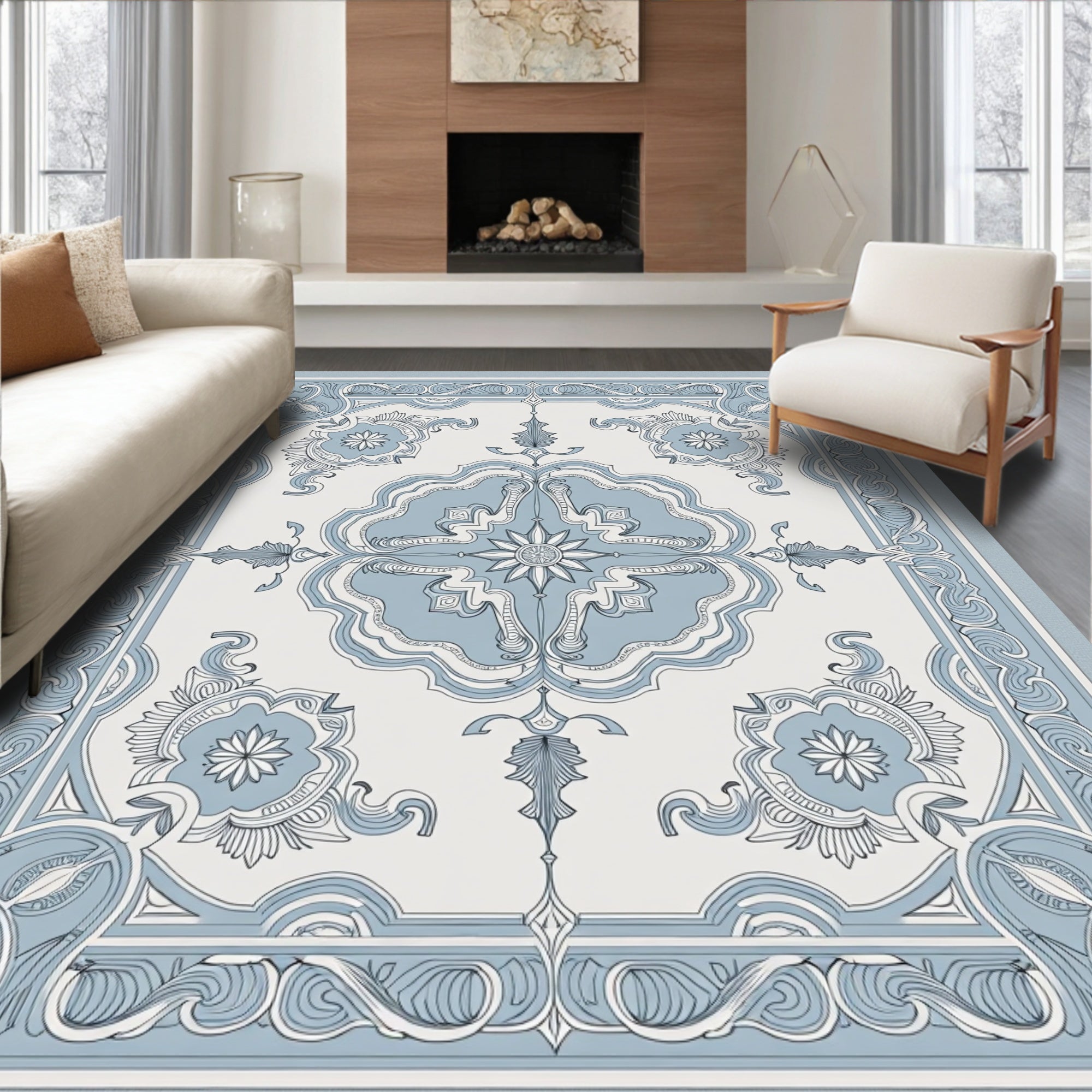 Ornate Blue Floral Symmetry Rug