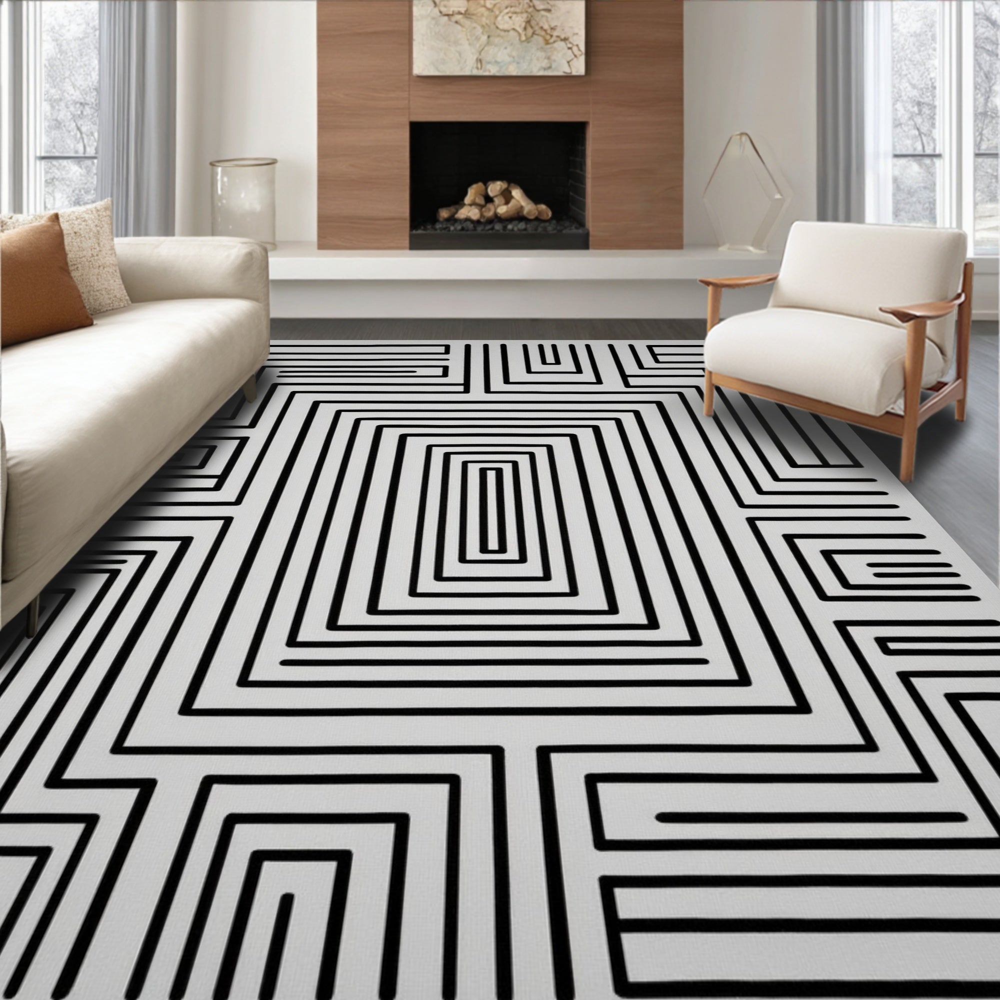 Minimalist Black White Maze Art Rug