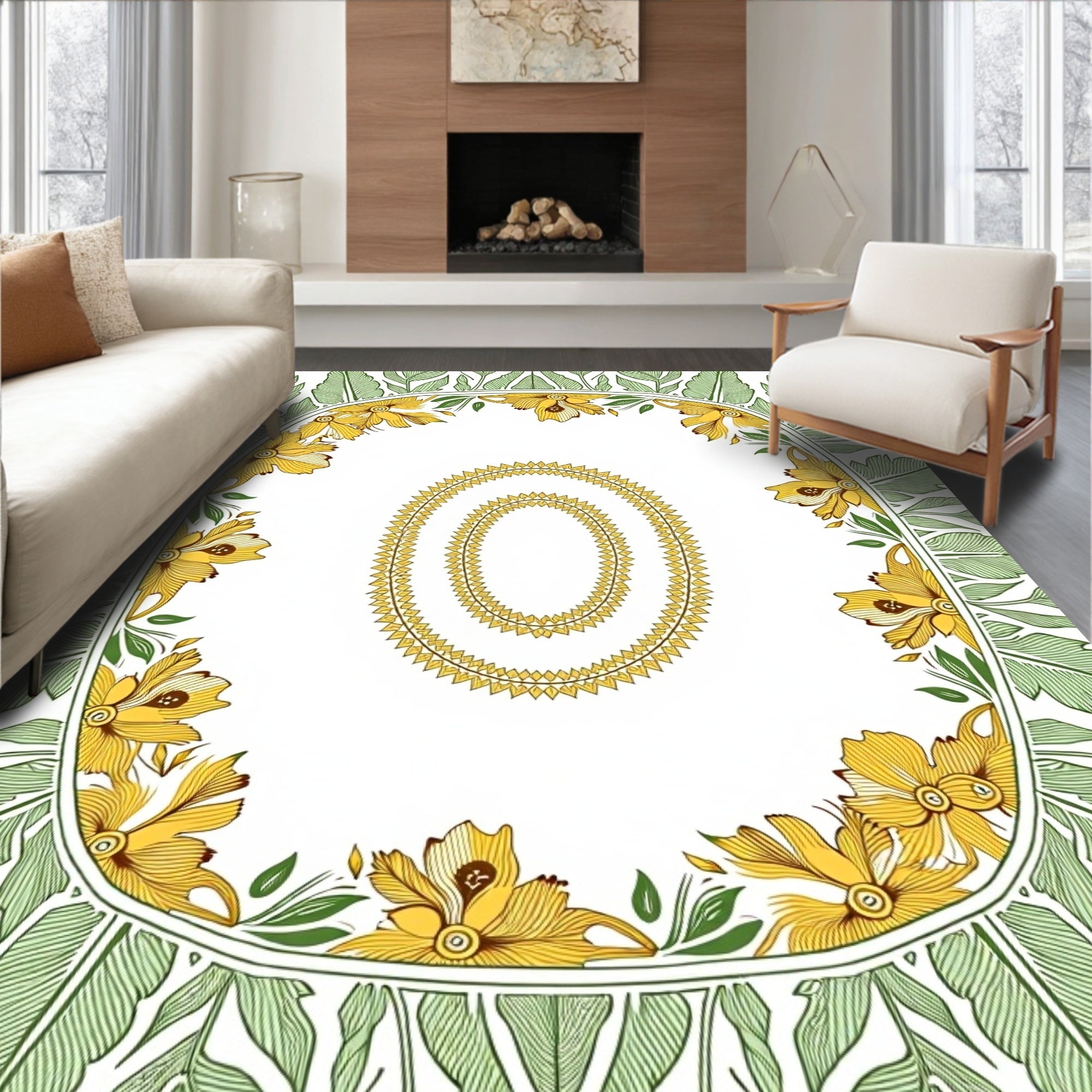 Golden Floral Oval Border Pattern Rug
