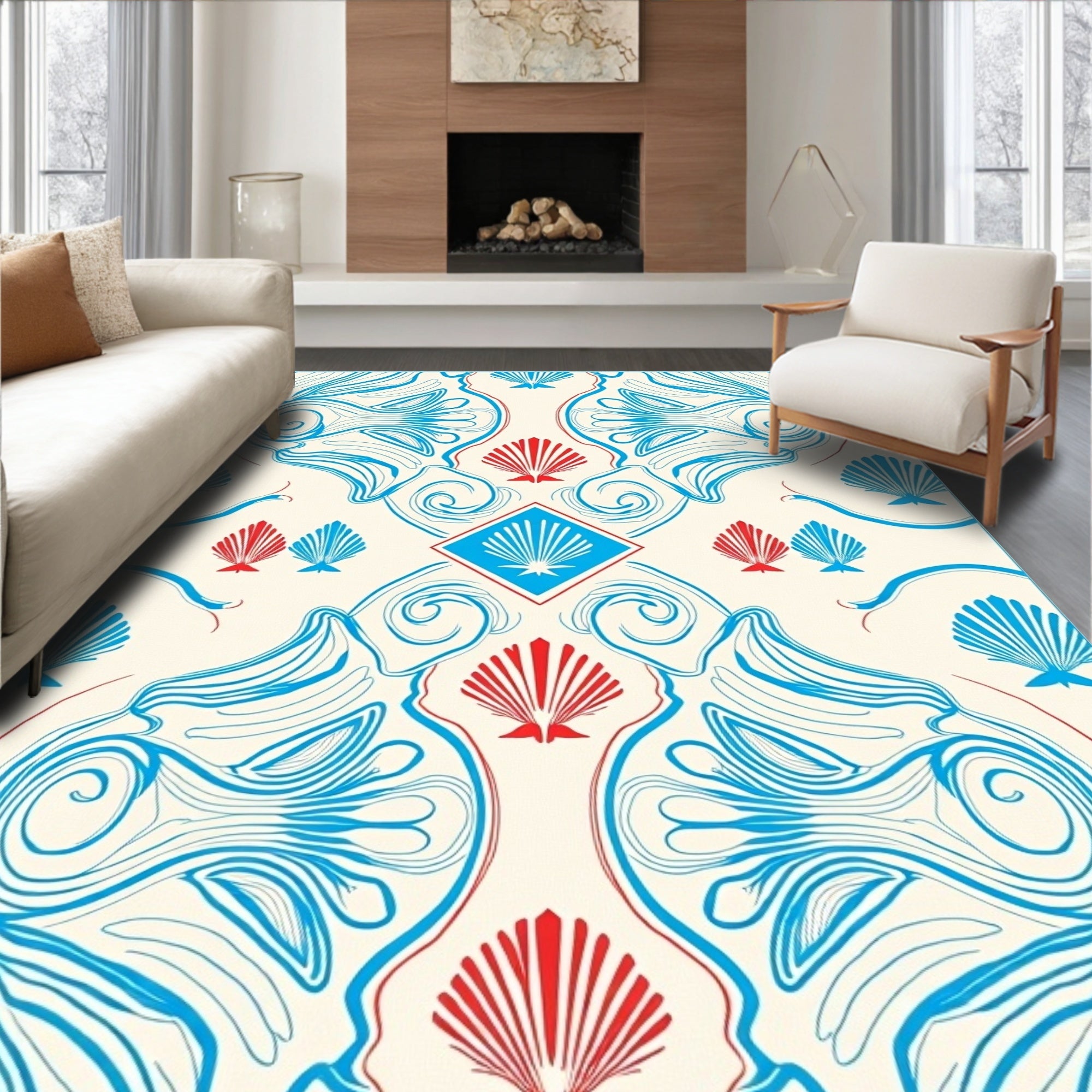 Aqua Red Shell Inspired Abstract Design Rug