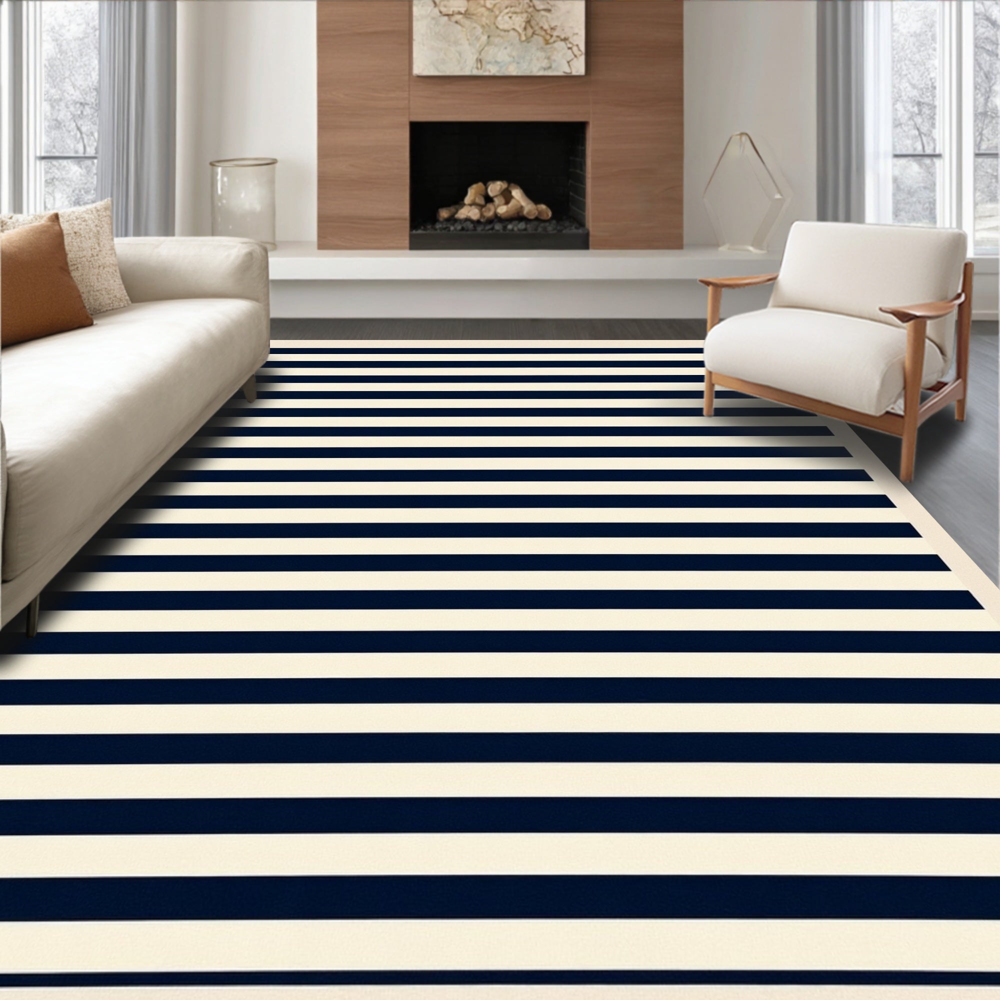 Classic Navy Blue Stripe Pattern Rug