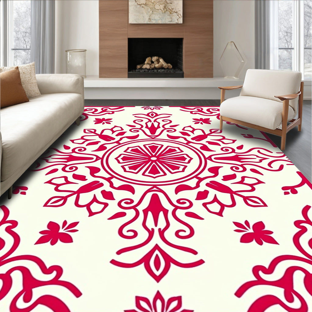 Vibrant Red Floral Symmetry Design Rug