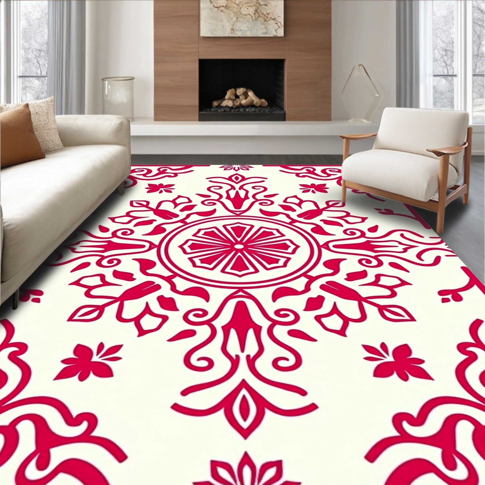Vibrant Red Floral Symmetry Design Rug