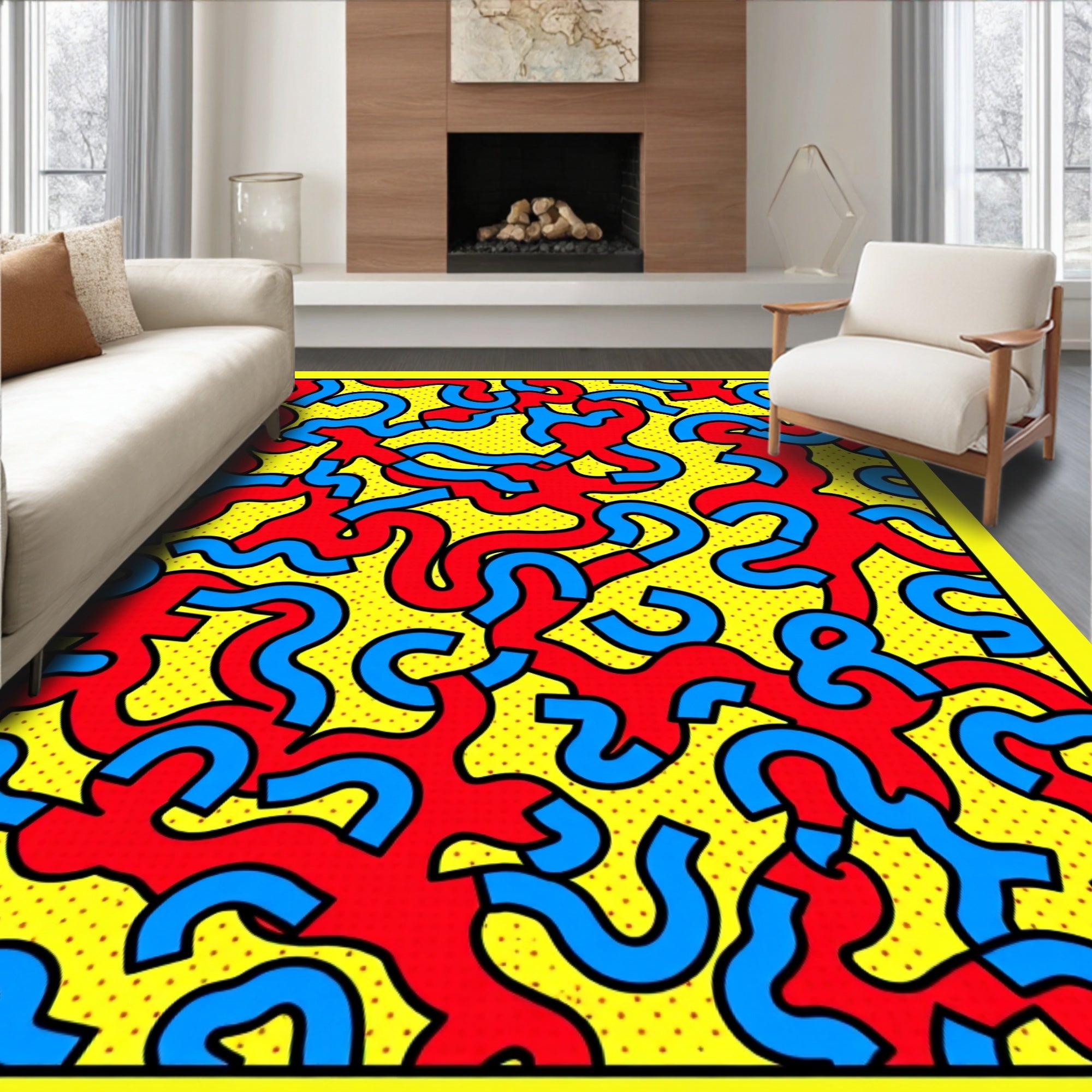Bold Red Blue Abstract Pattern Rug