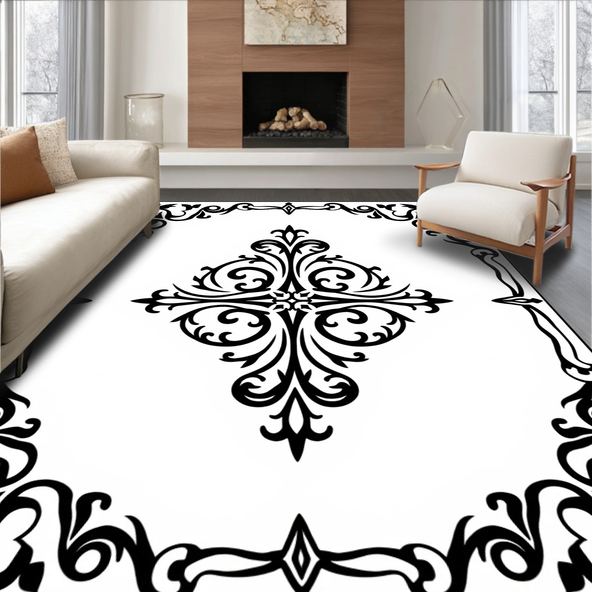 Black Ornate Floral Design Rug