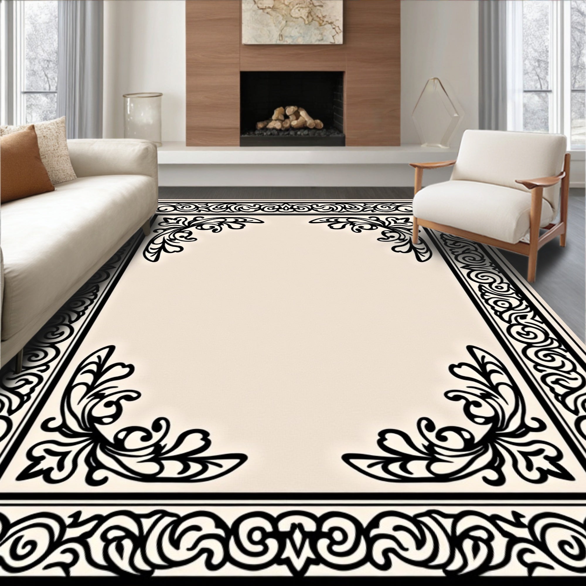 Ornate Black Floral Scrollwork Rug