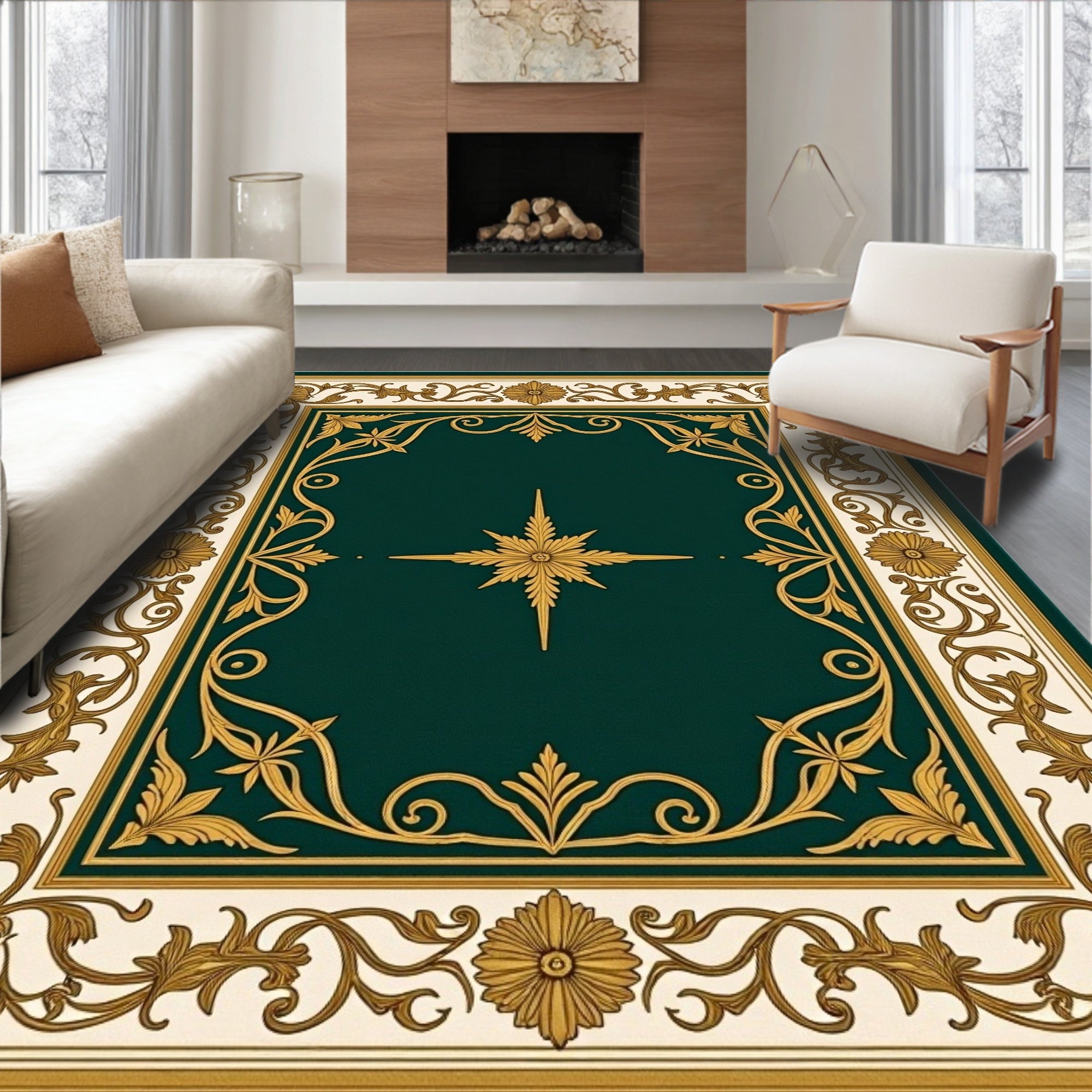 Ornate Floral Green Gold Border Rug