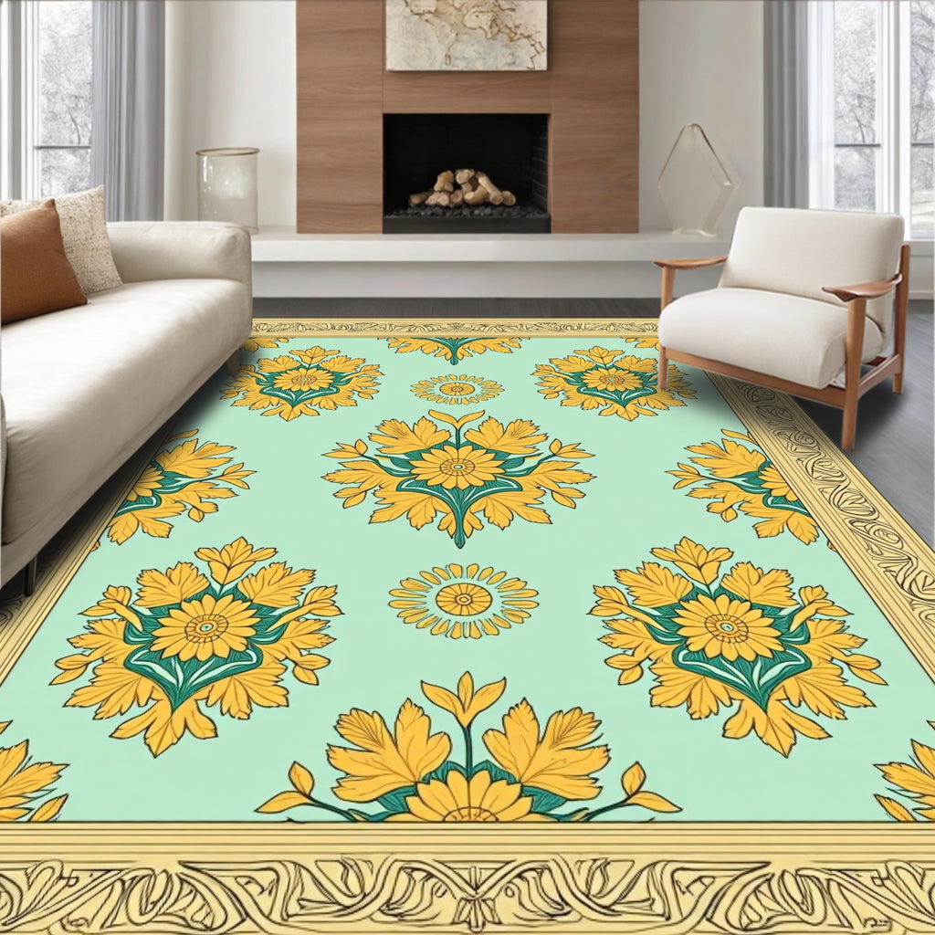 Golden Floral Meadow Patterned Rug