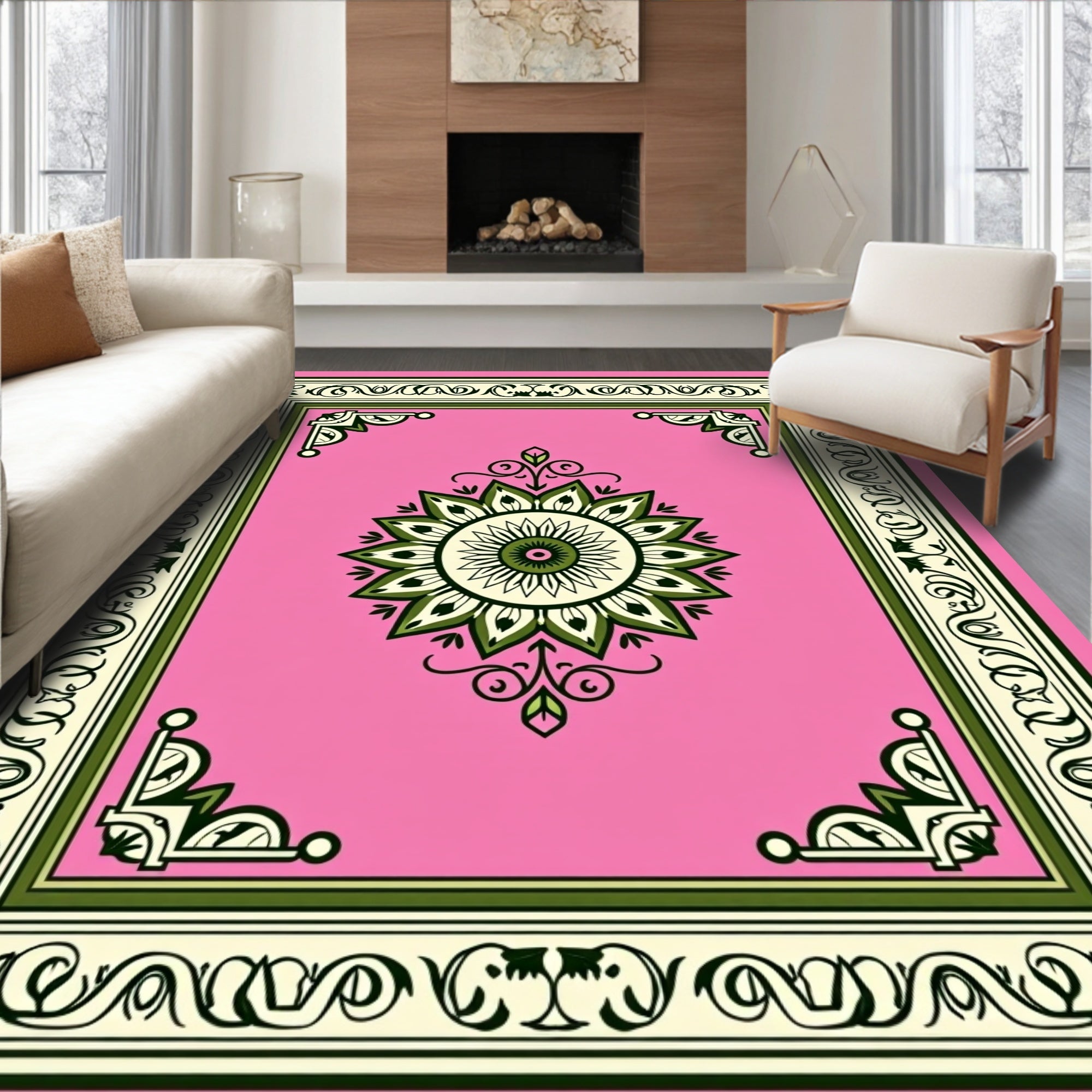 Pink Floral Geometric Medallion Rug