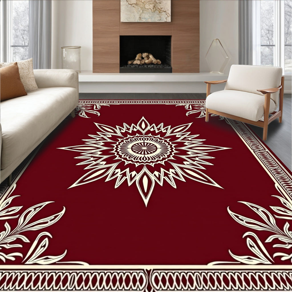Crimson Floral Medallion Border Design Rug
