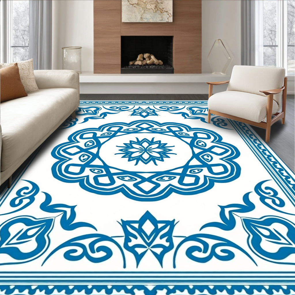 Elegant Blue Floral Mandala Pattern Rug