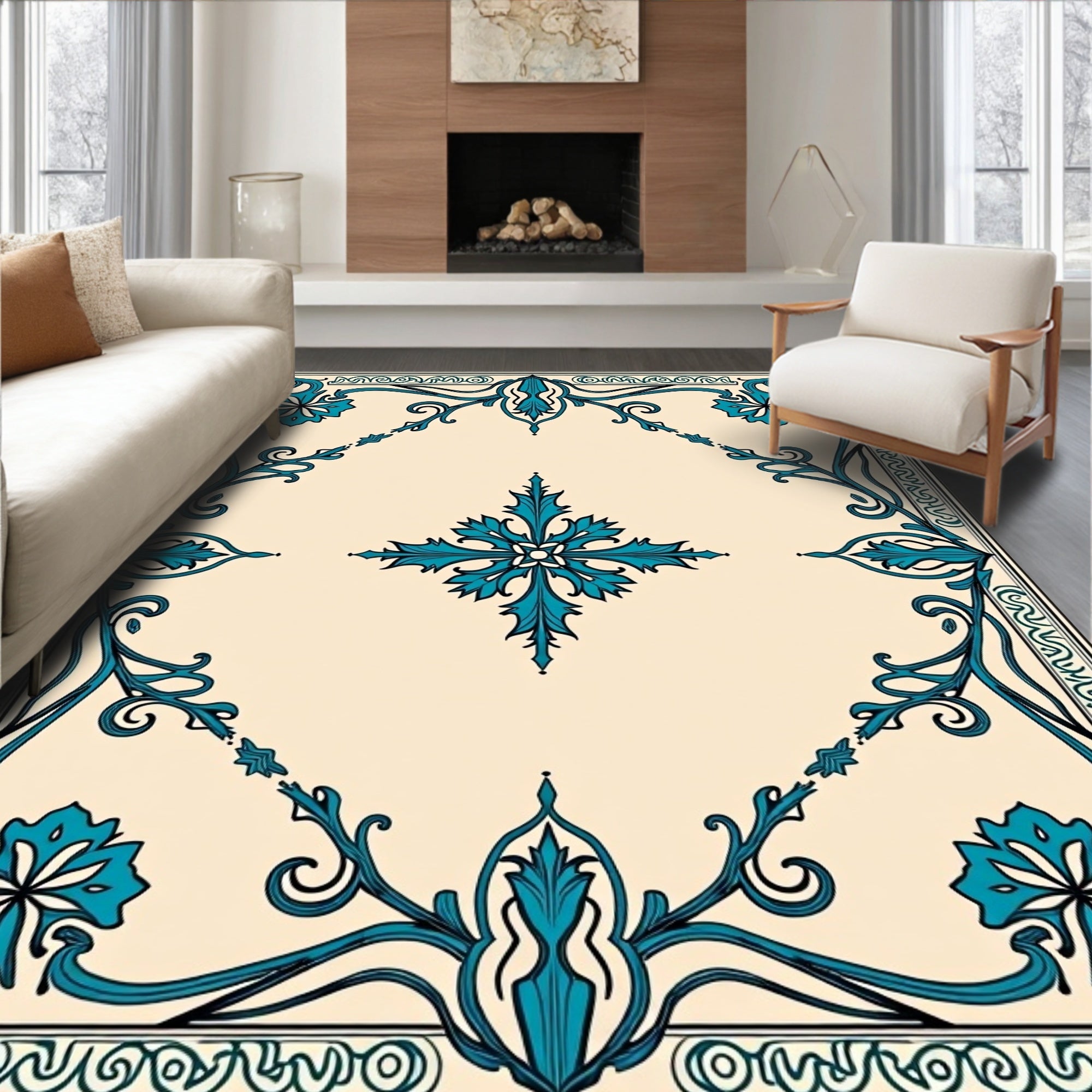Turquoise Floral Scrollwork Pattern Rug