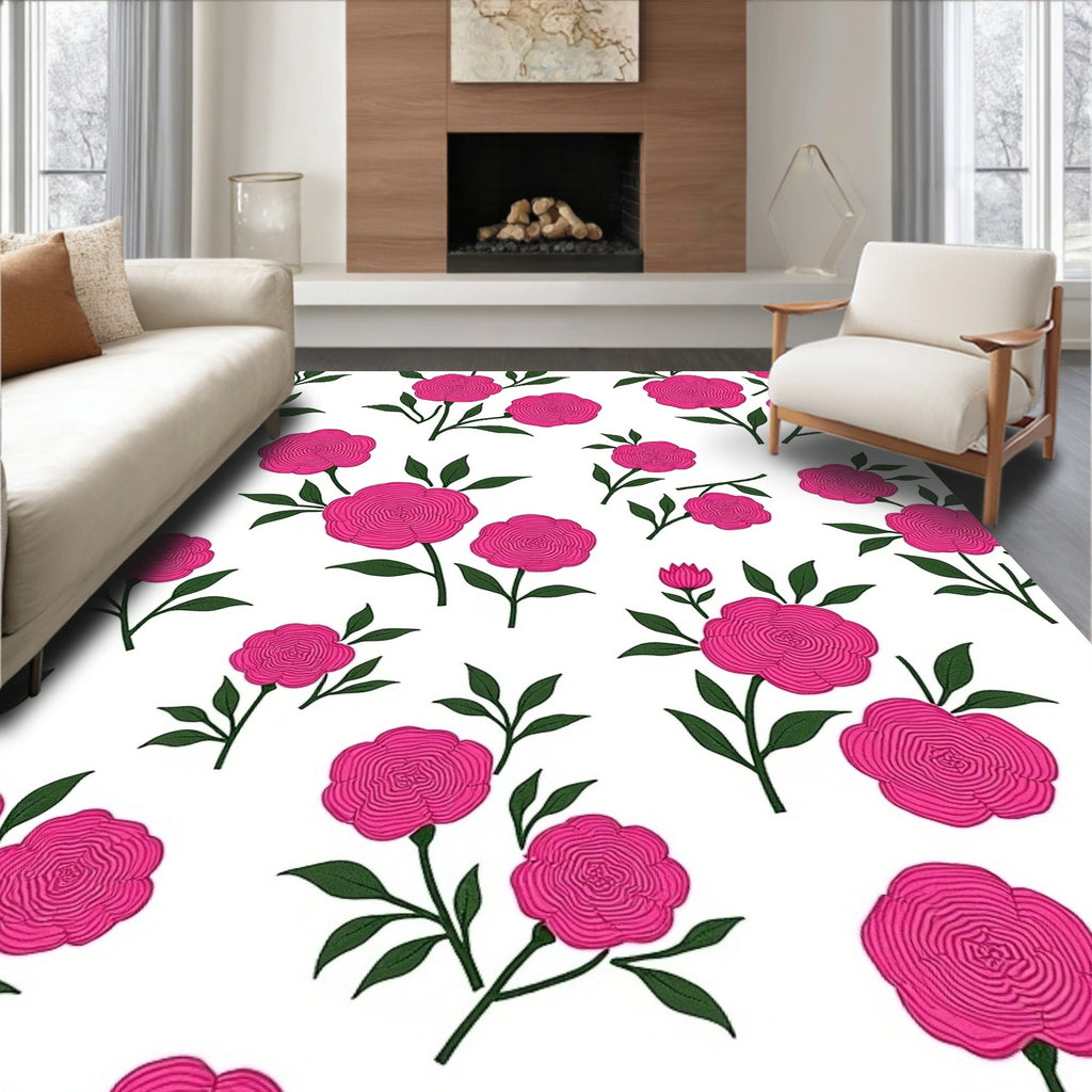 Pink Roses Botanical Pattern Rug