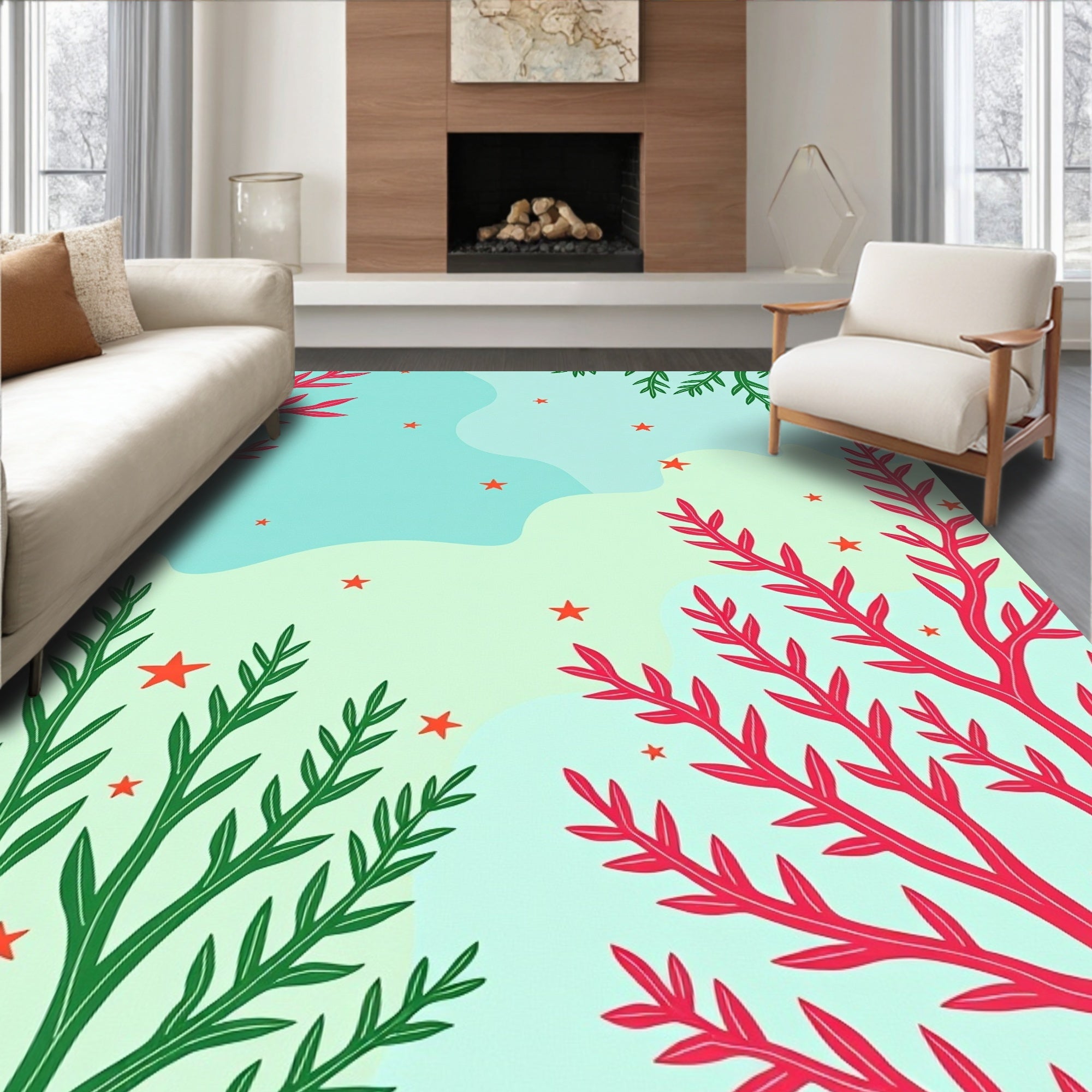 Whimsical Red and Green Coral Stars Rug