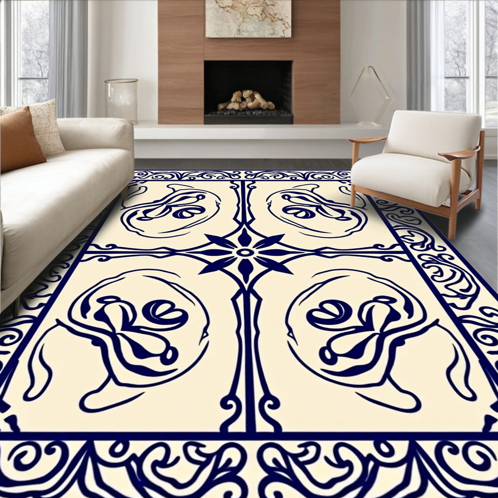 Elegant Navy Floral Scroll Pattern Rug