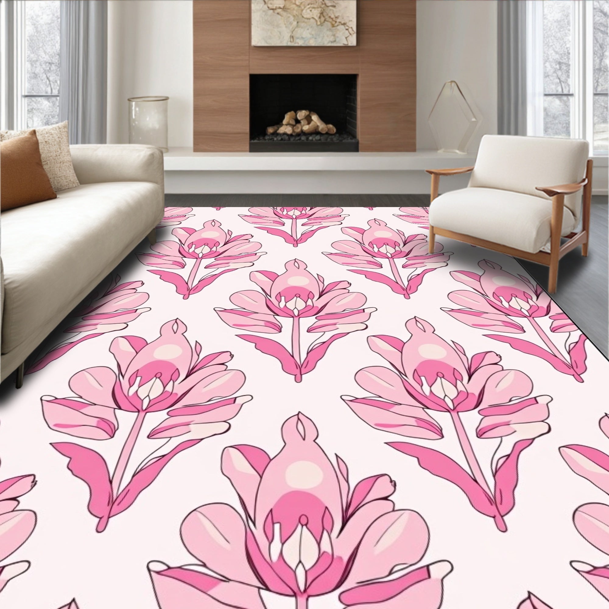 Artistic Pink Floral Damask Pattern Rug