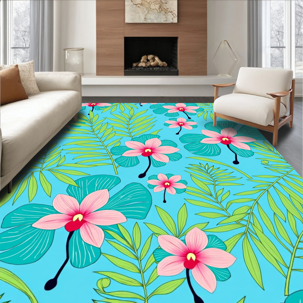 Tropical Pink Orchid Leaf Pattern Rug