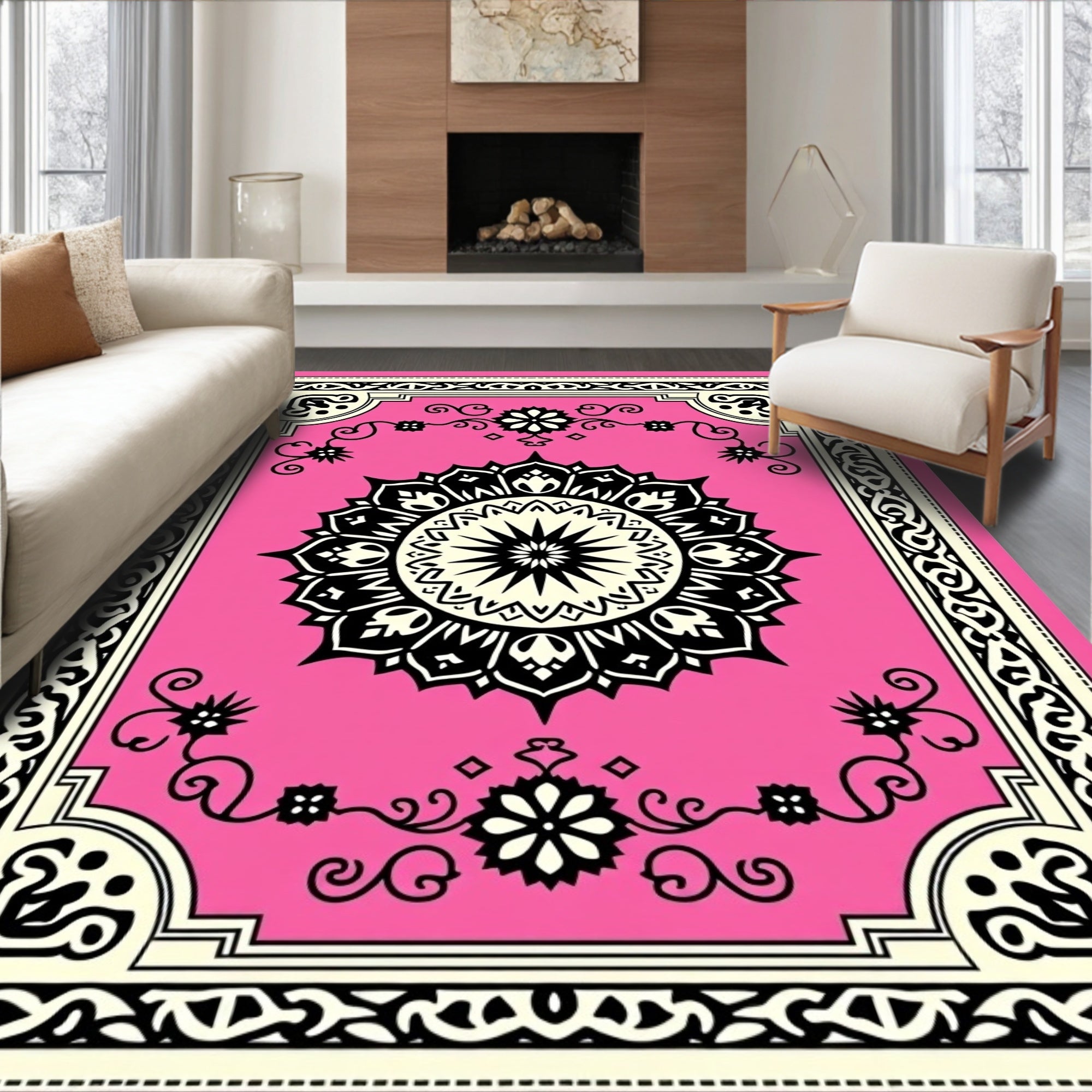 Floral Mandala Geometric Border Rug