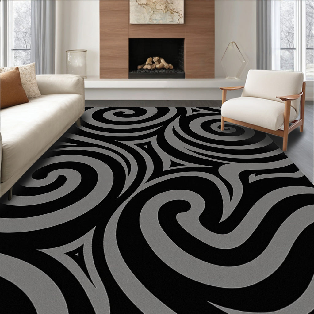 Dynamic Swirls Black Gray Pattern Rug