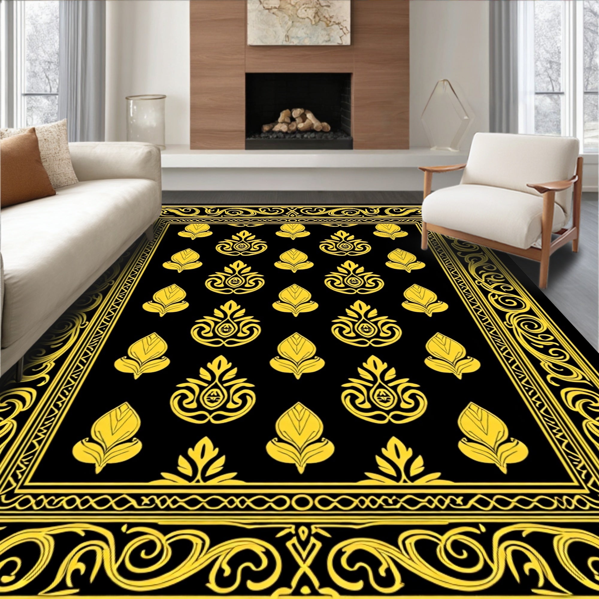 Ornate Gold and Black Paisley Pattern Rug