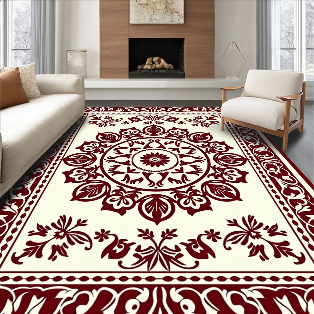 Intricate Crimson Floral Mandala Design Rug