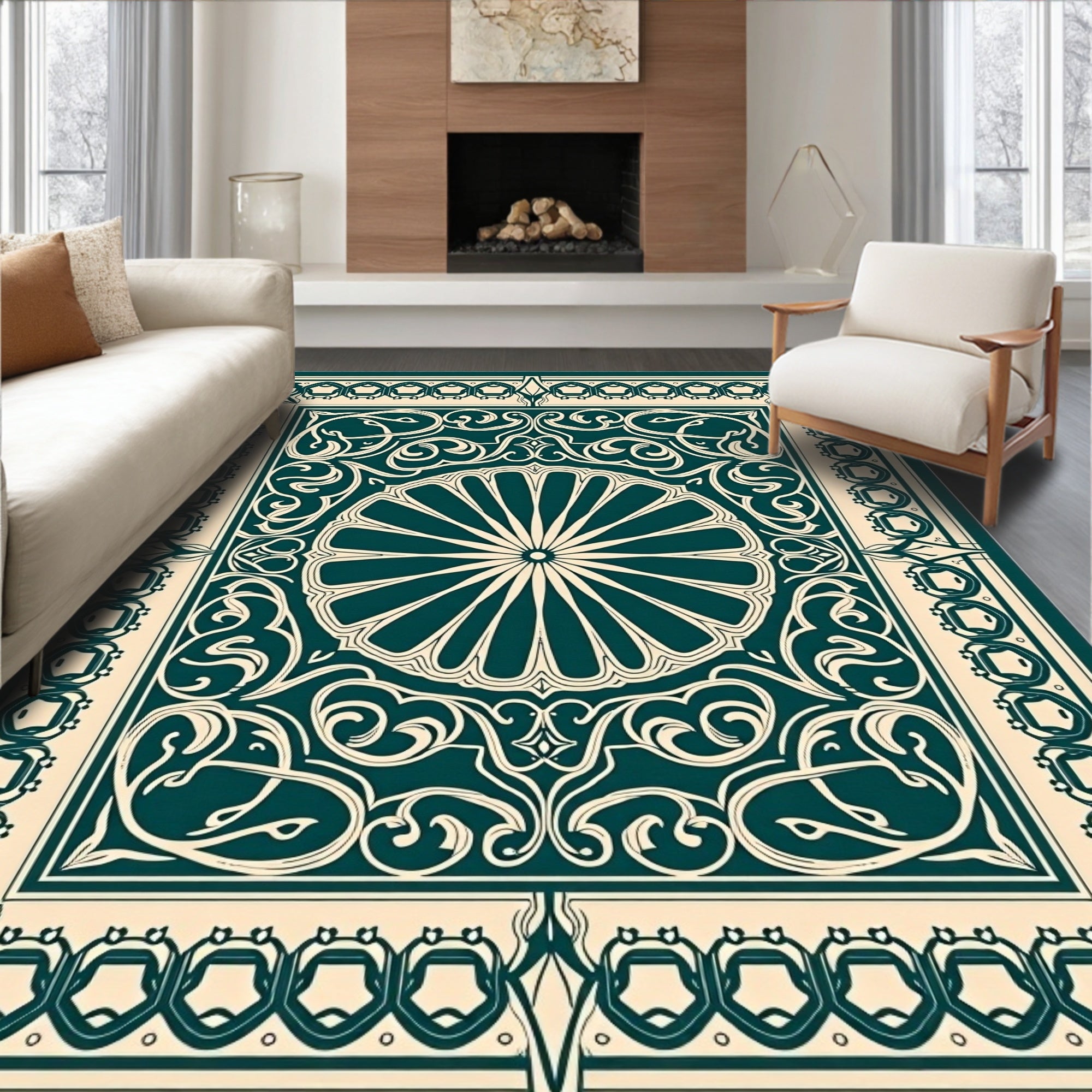 Ornate Floral Centerpiece Detailed Border Rug