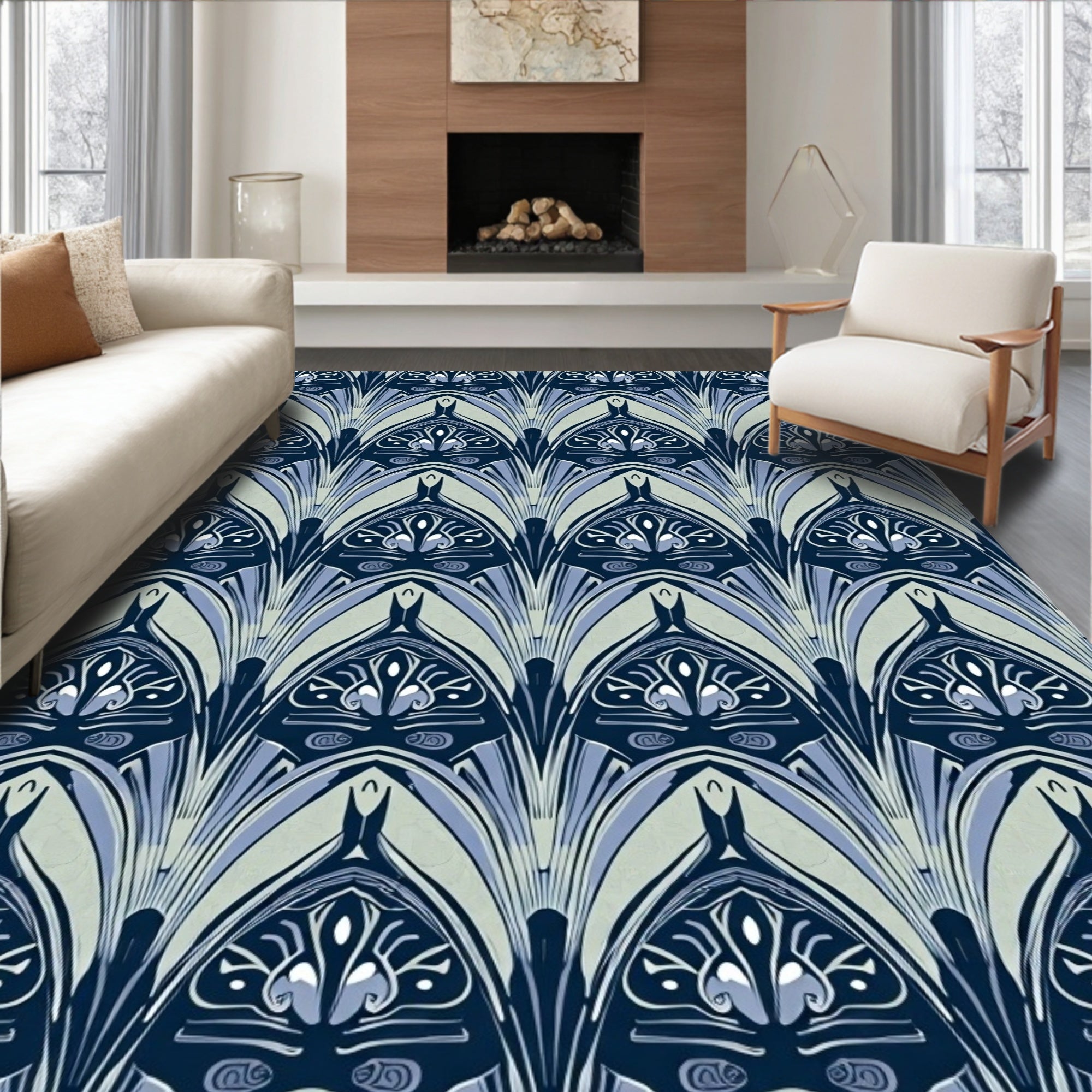 Art Deco Arch Floral Blue Gray Pattern Rug