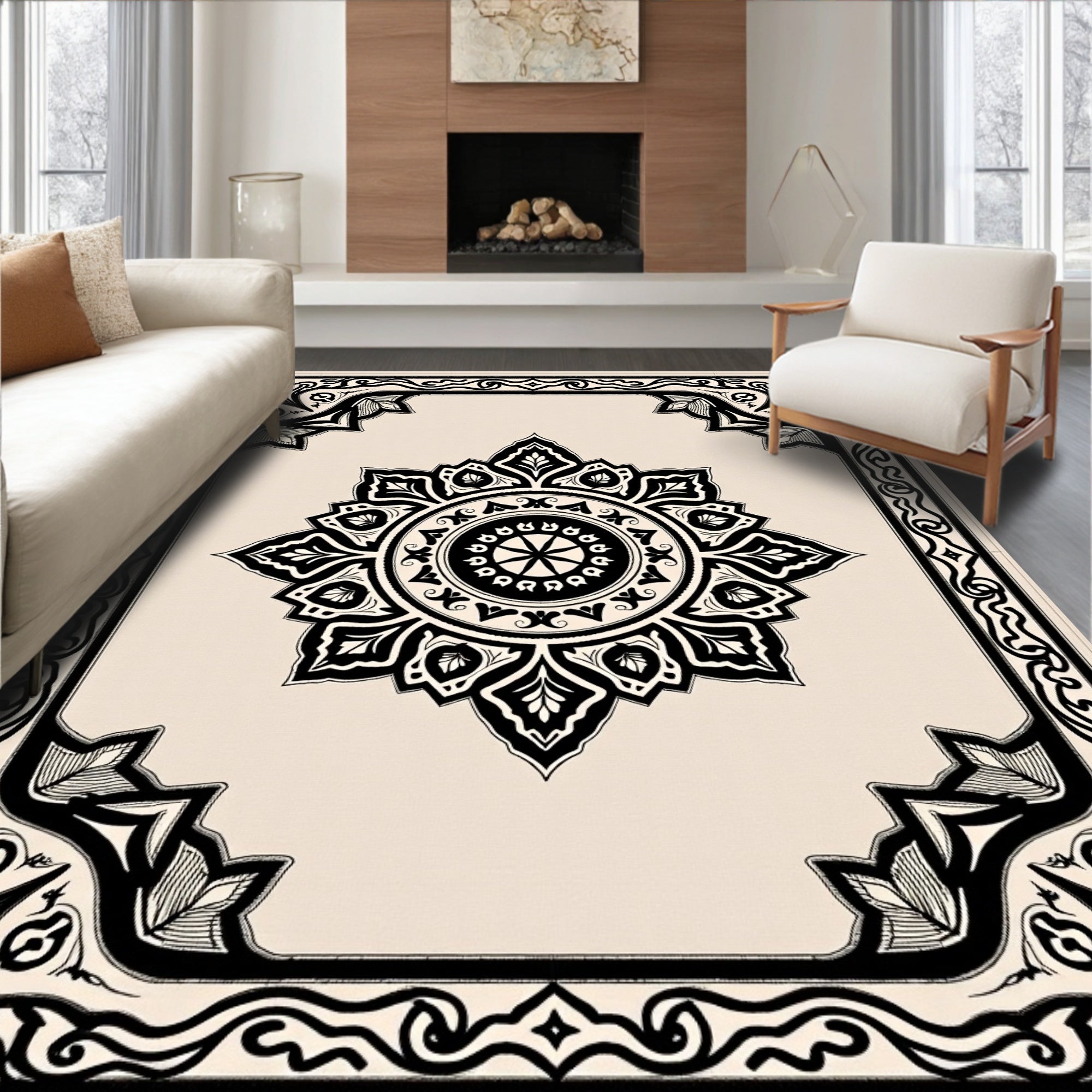 Intricate Black Floral Sunburst Design Rug
