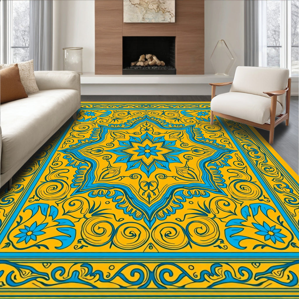 Golden Sunburst Floral Border Rug