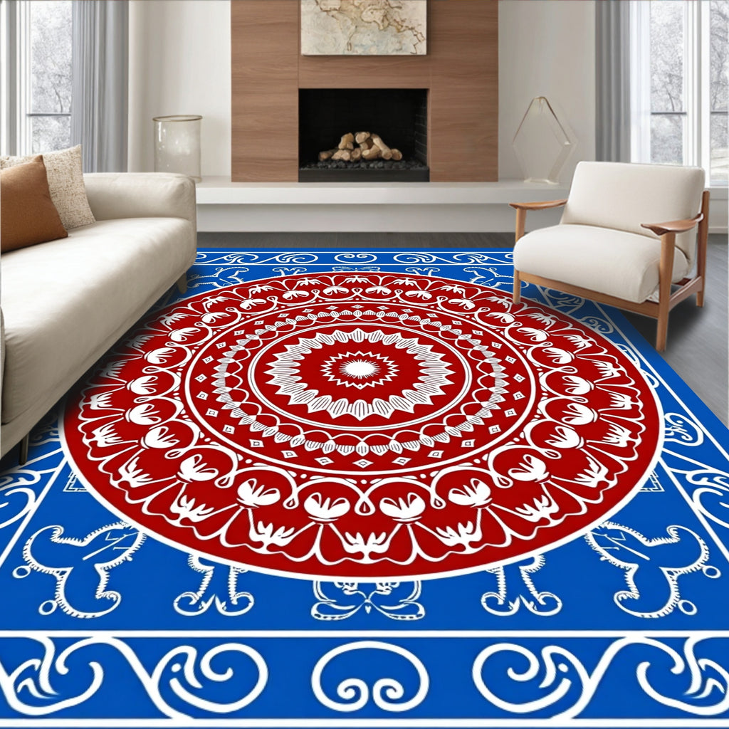 Red Mandala With Blue Border Design Rug