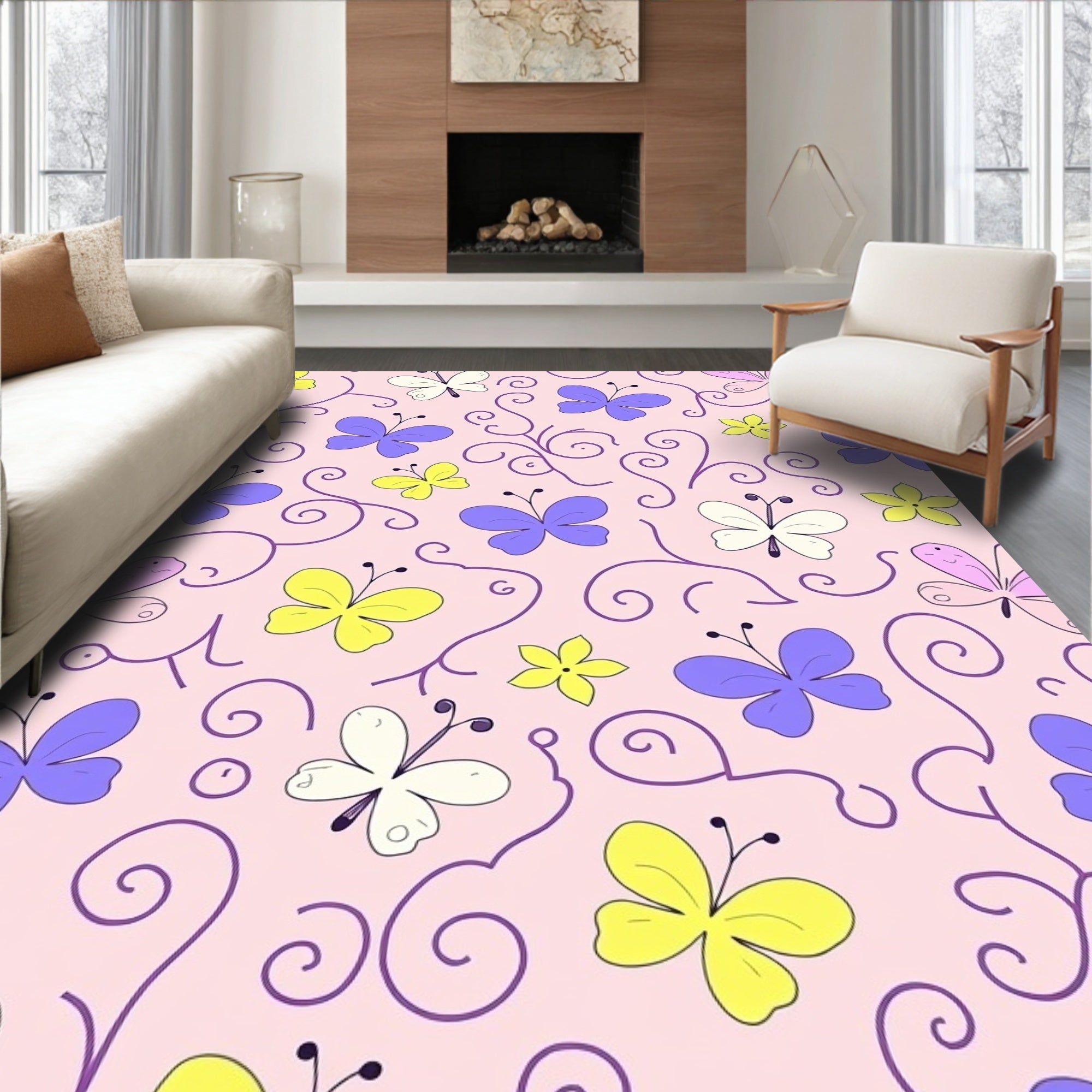 Whimsical Butterflies Vines Soft Pattern Rug