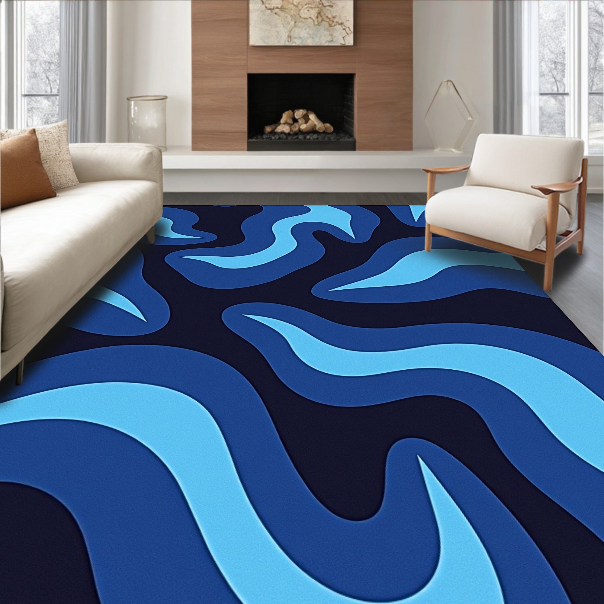 Abstract Wavy Blue Flow Pattern Rug
