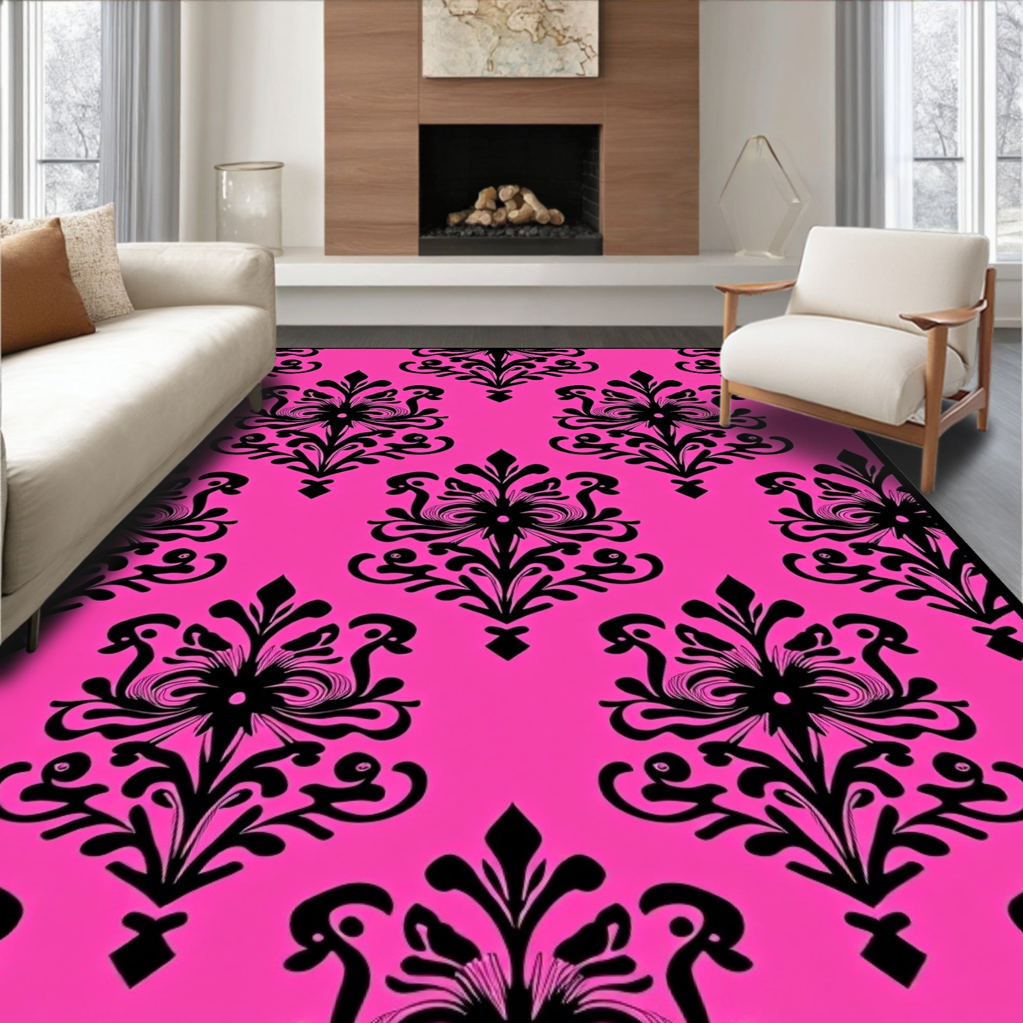 Hot Pink Black Classic Damask Design Rug