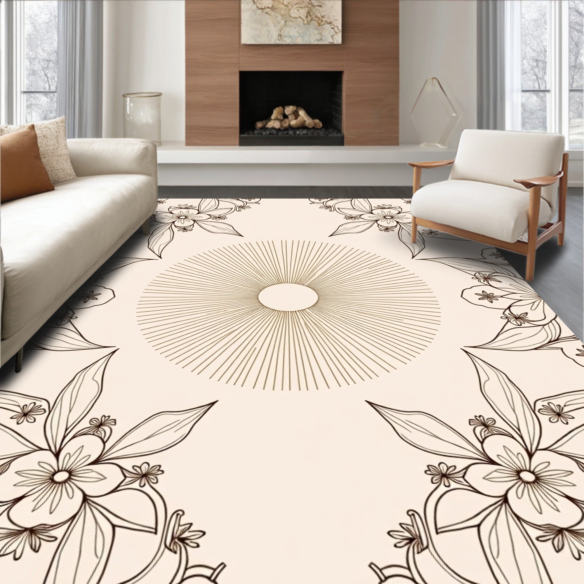 Floral Sunburst Delicate Outline Design Rug