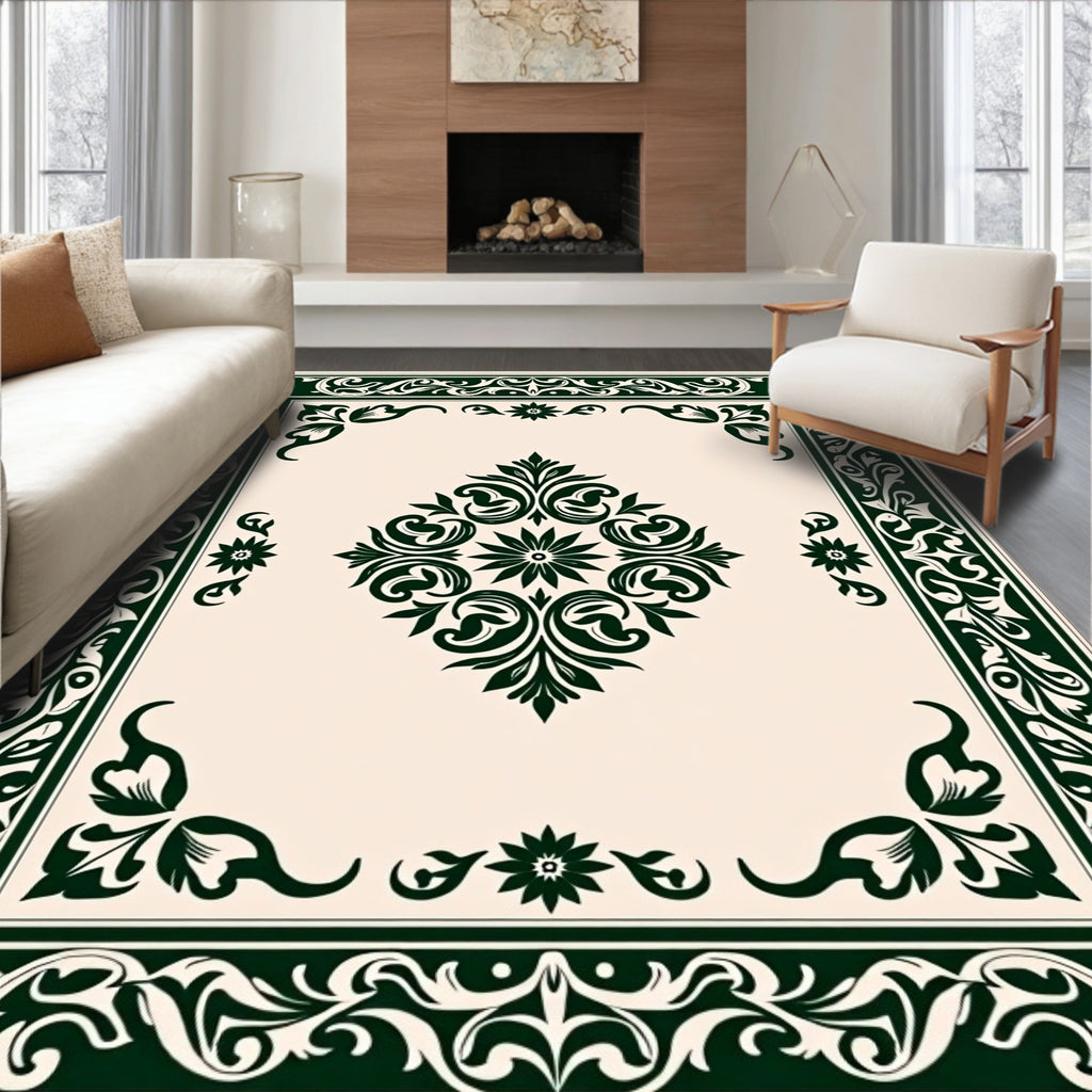 Elegant Dark Green Floral Medallion Design Rug