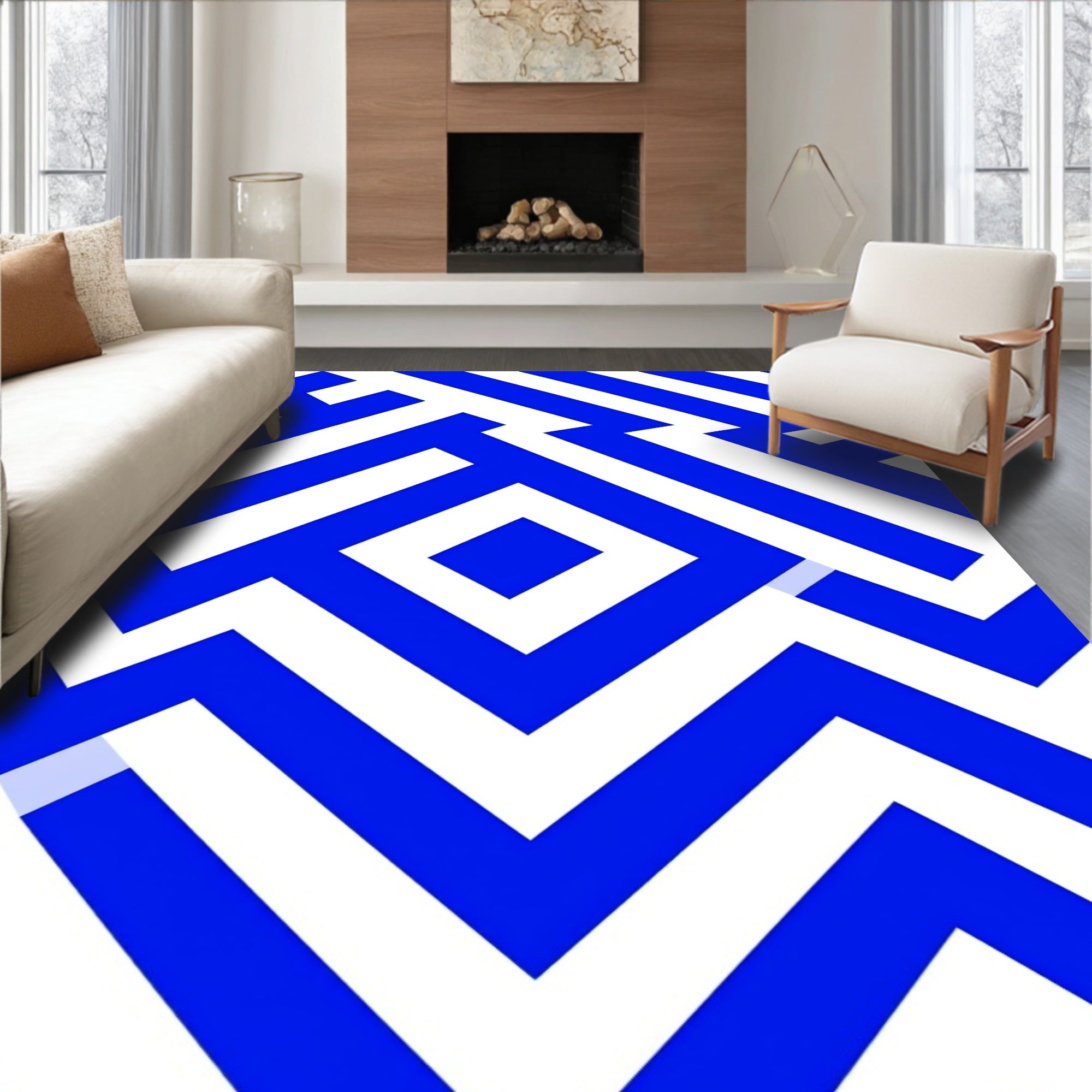 Bold Blue White Geometric Maze Pattern Rug