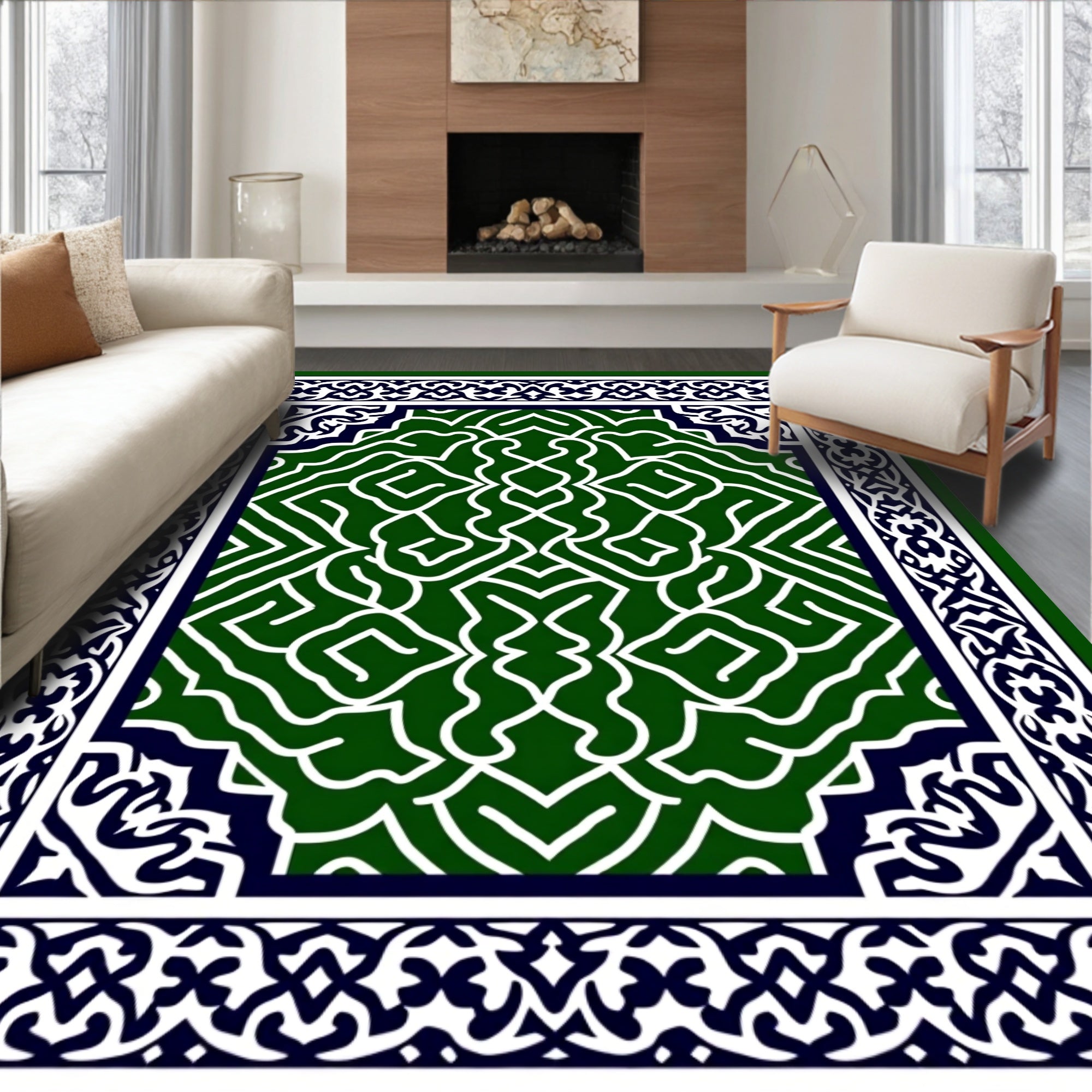 Green White Intricate Pattern Border Rug