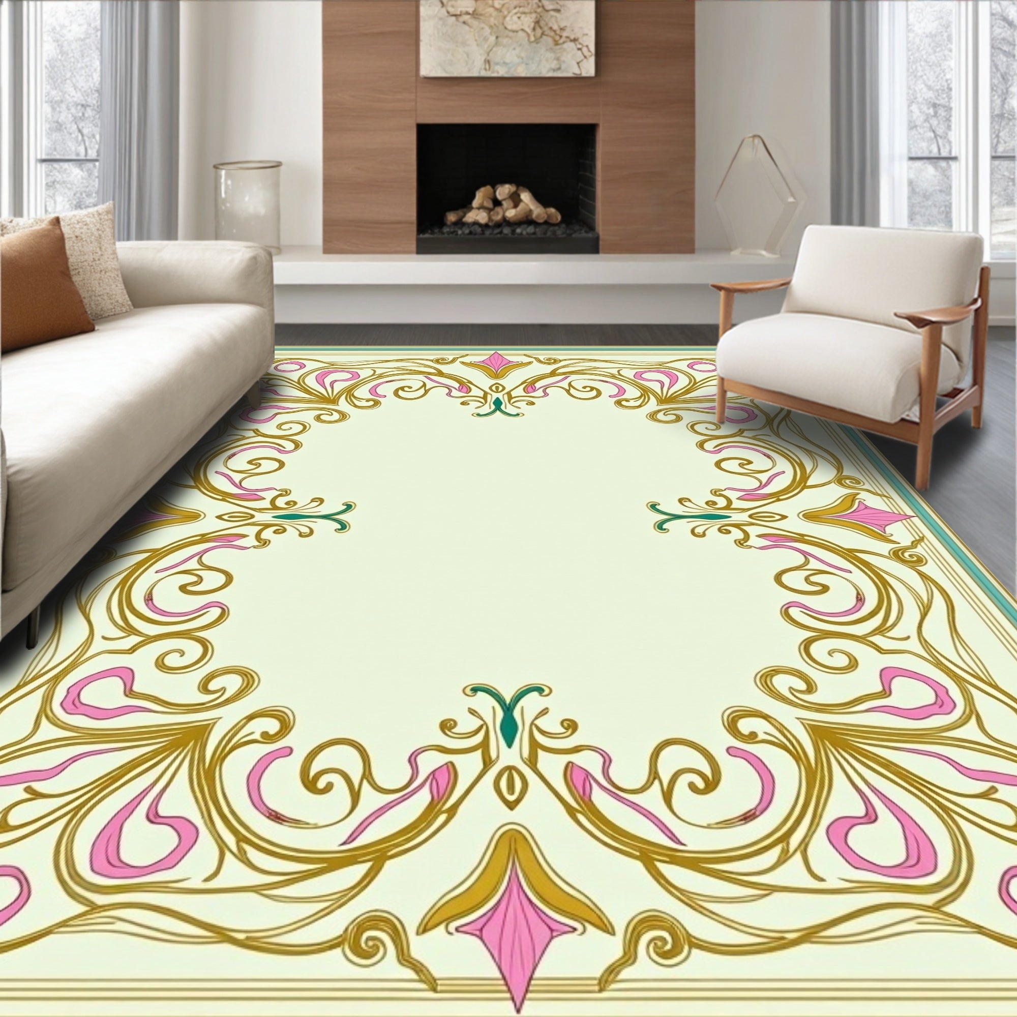 Ornate Gold Pink Teal Floral Border Rug