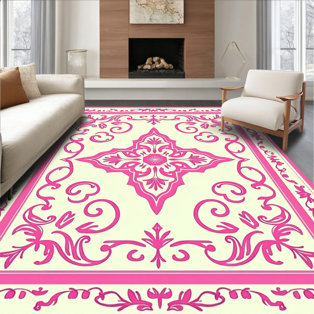 Pink Cream Floral Scroll Pattern Rug