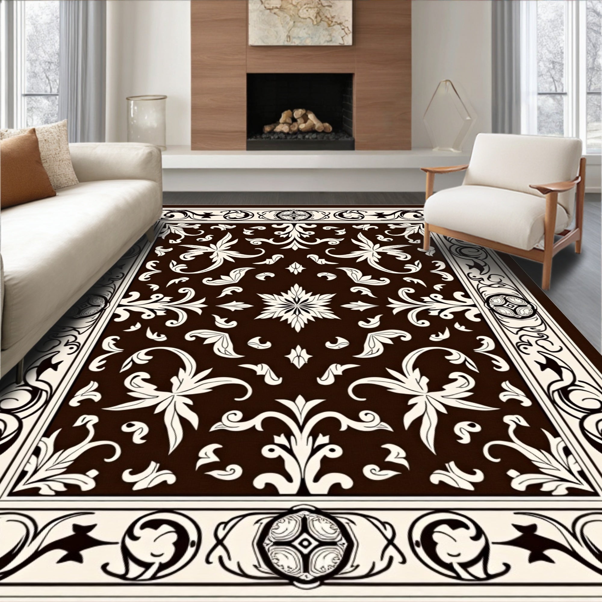 Classical Floral Scrollwork Rich Brown Rug