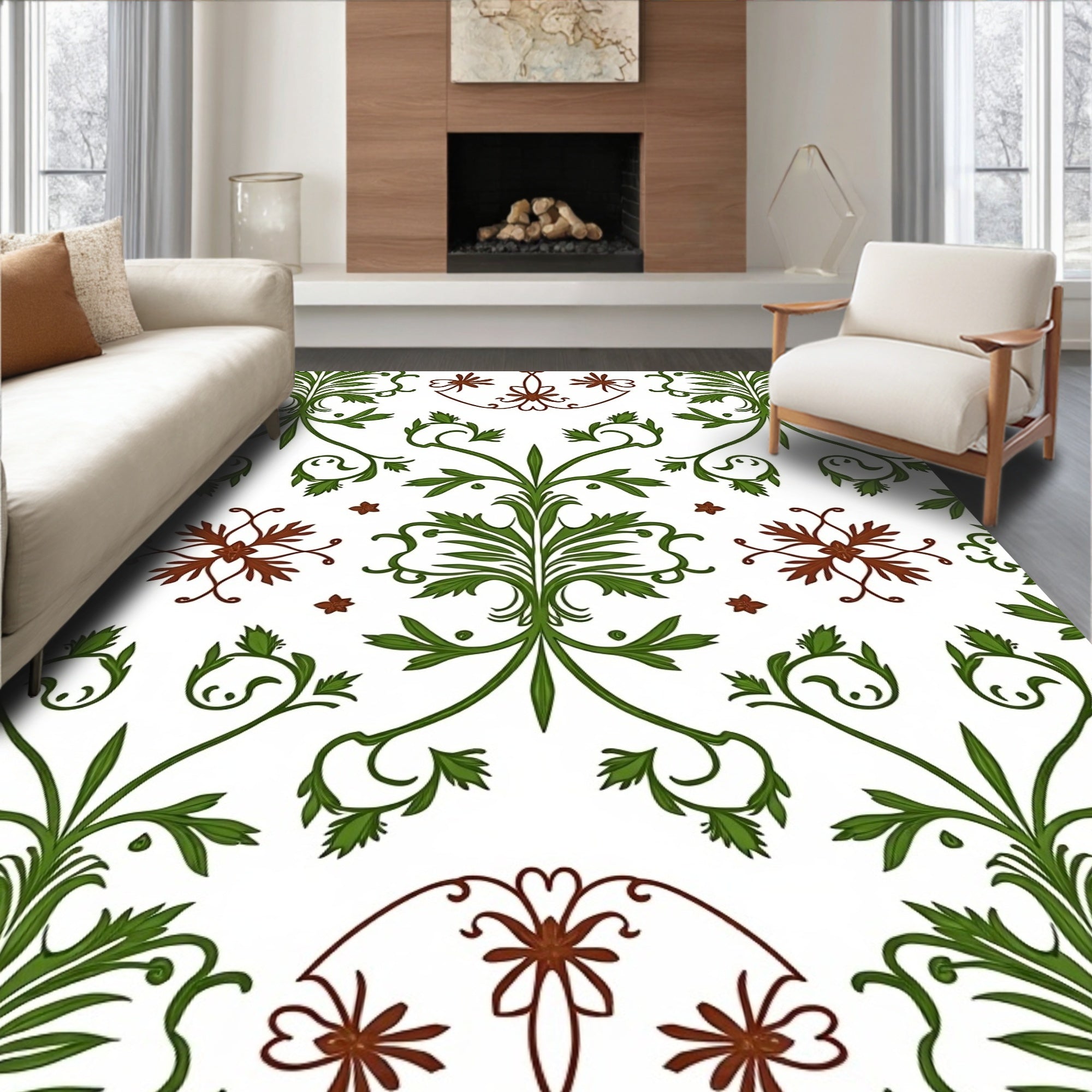 Green Red Floral Vintage Damask Pattern Rug