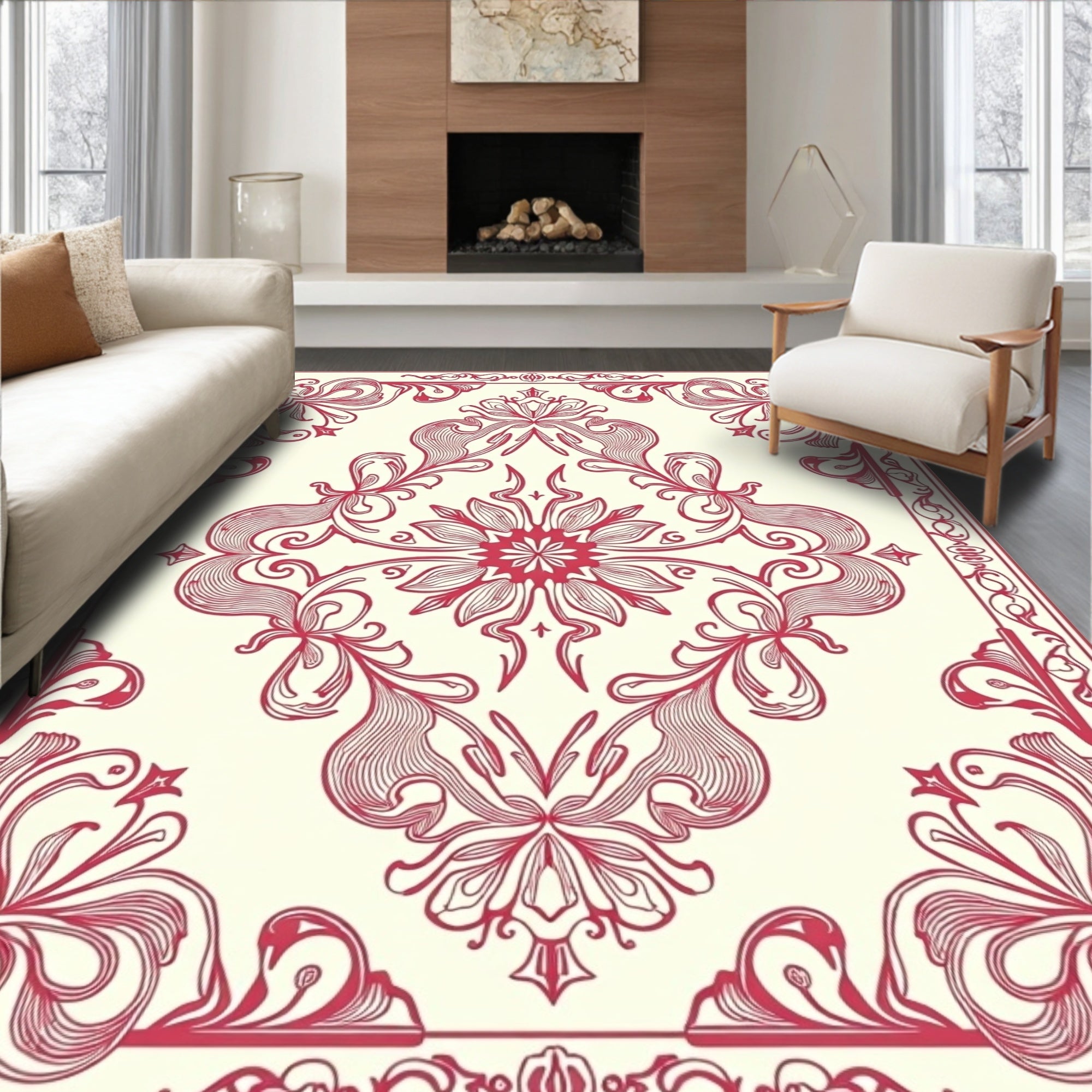 Victorian Red Floral Symmetry Pattern Rug