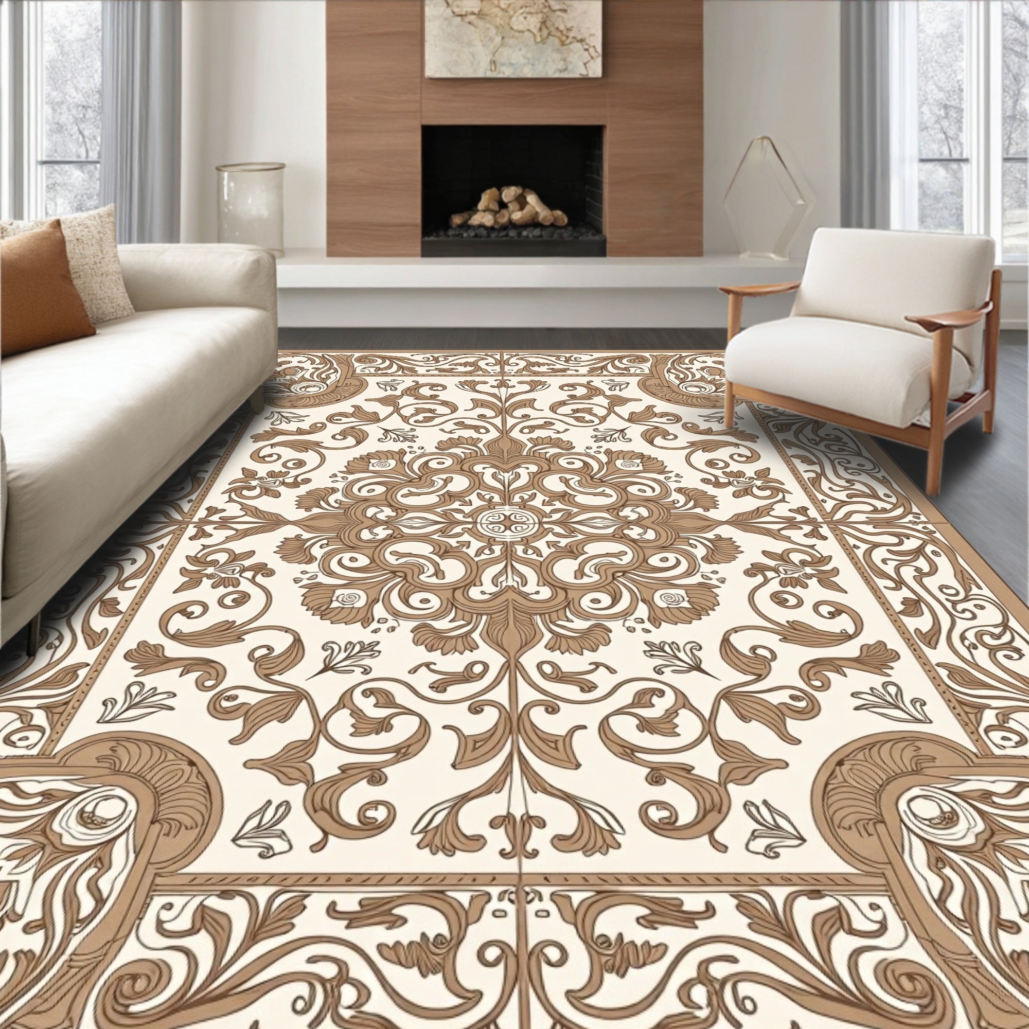 Ornate Brown Floral Scroll Pattern Rug