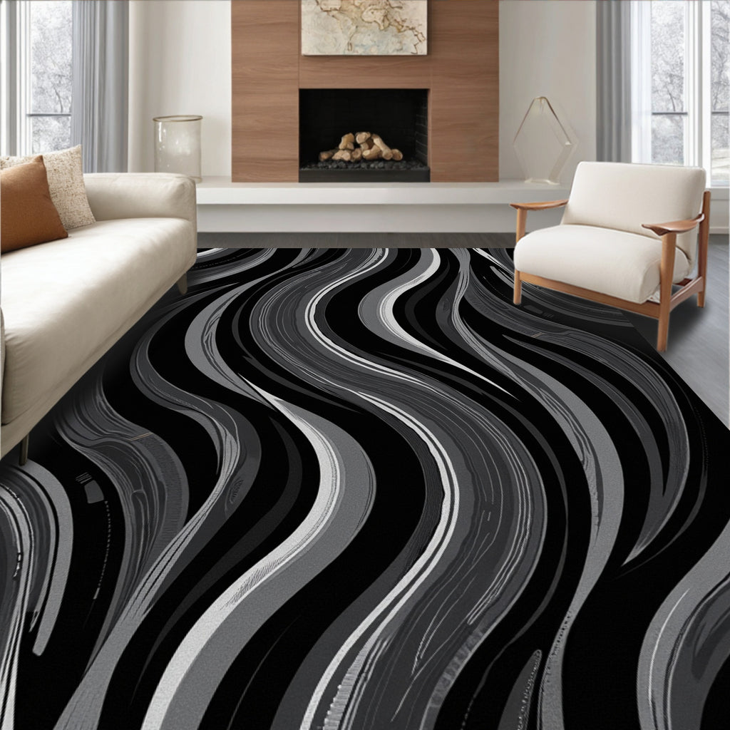 Abstract Monochrome Swirling Waves Rug