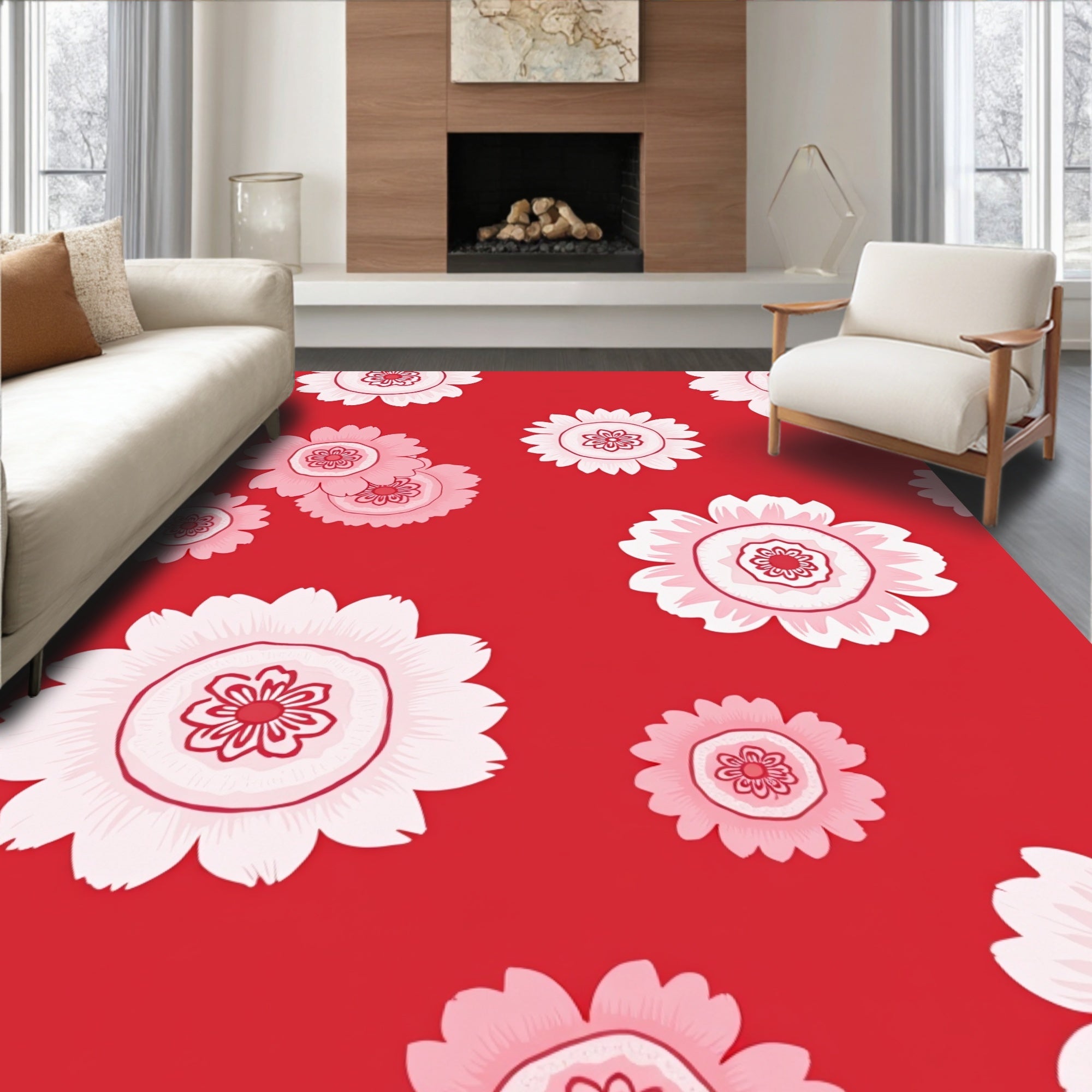 Retro Floral Pattern In Pink and Red Rug