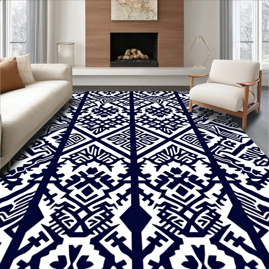 Dark Blue White Abstract Tribal Design Rug