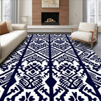 Dark Blue White Abstract Tribal Design Rug
