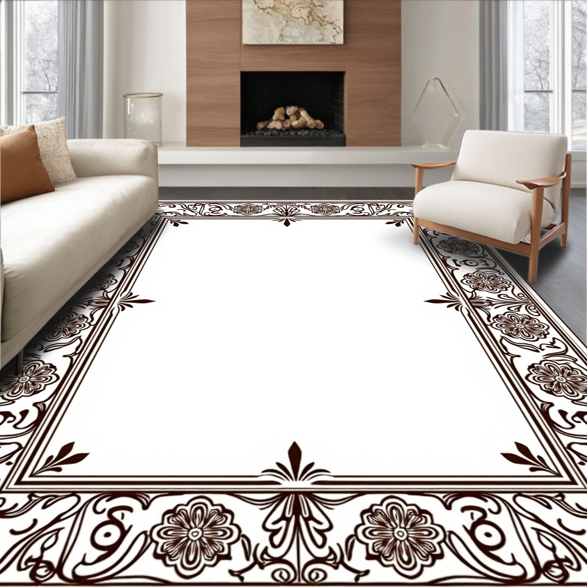 Ornate Floral Scroll Frame Design Rug
