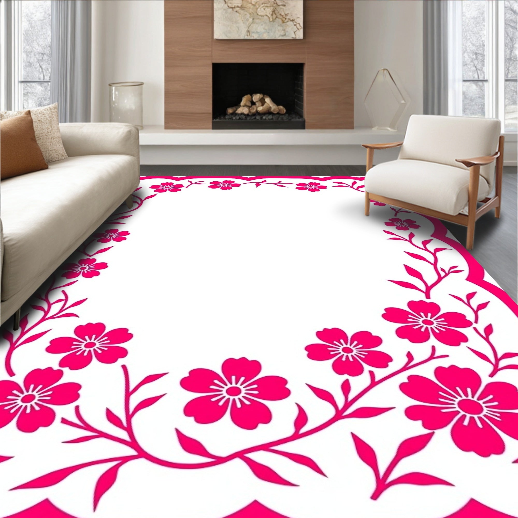 Hot Pink Floral Border Design Rug