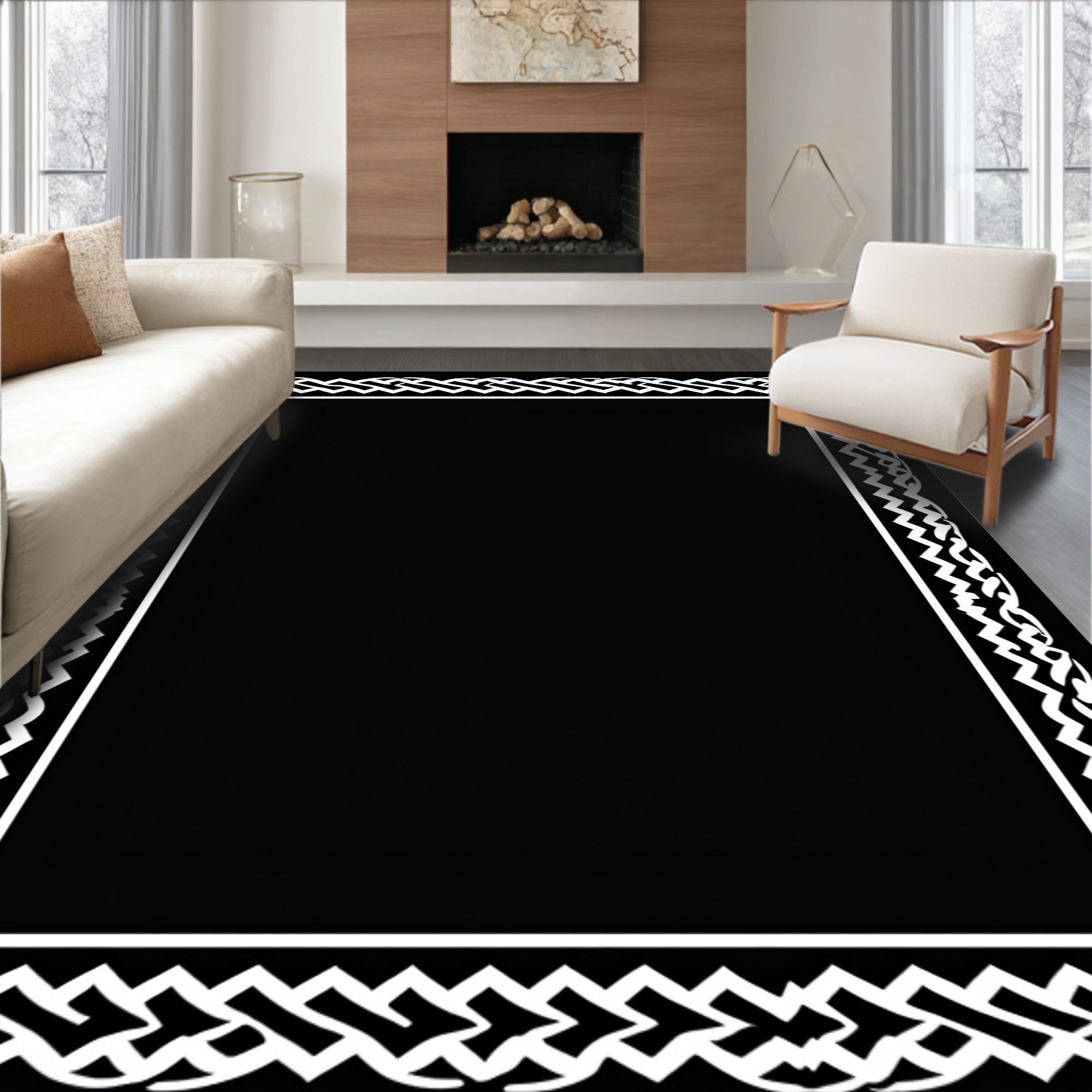 Classic Interlocking White Decorative Border Rug